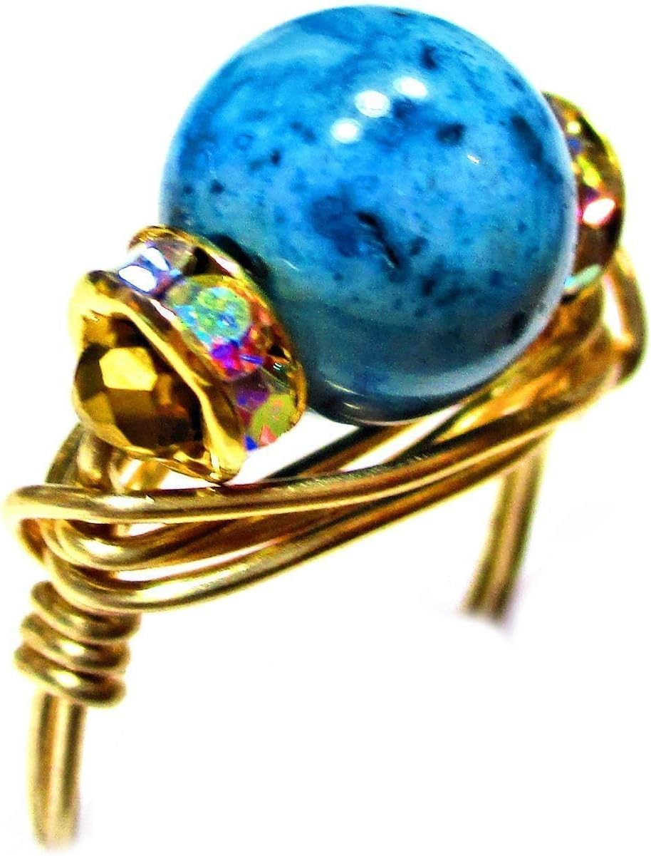 African Aqua Blue Lace Agate Crystal Handmade Copper-Gold-Silver Solitaire Wire Wrap Women’s Ring Jewelry Gift for Her Hand-Crafted in USA