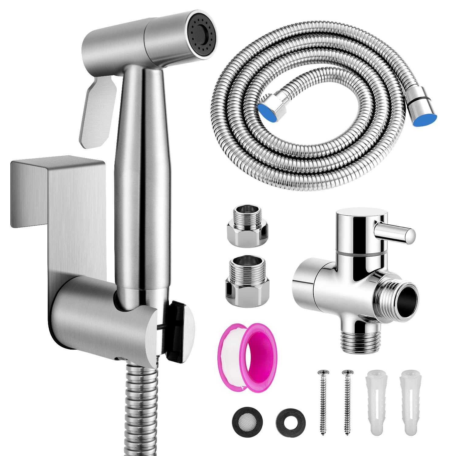 Natrysk Higieniczny (Bidet) ze Stali Nierdzewnej Szczotkowanej, Zestaw z Wężem i Zaworem G1/2” + G3/8” - do Toalety, Podmywania i Czyszczenia