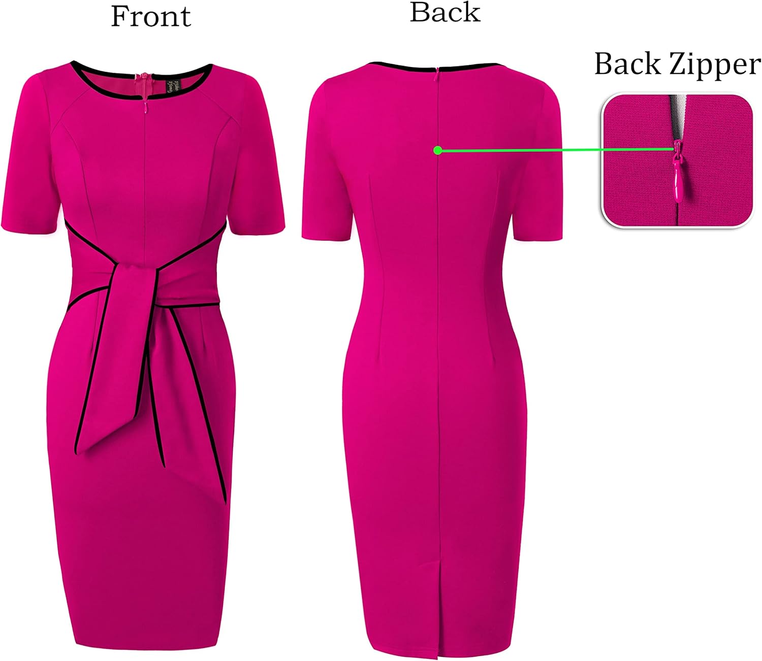VFSHOW Womens Front Zipper Tie Waist Bow Short Sleeve Slim Fitted Work Business Office Party Bodycon Pencil Sheath Dress - Image 5