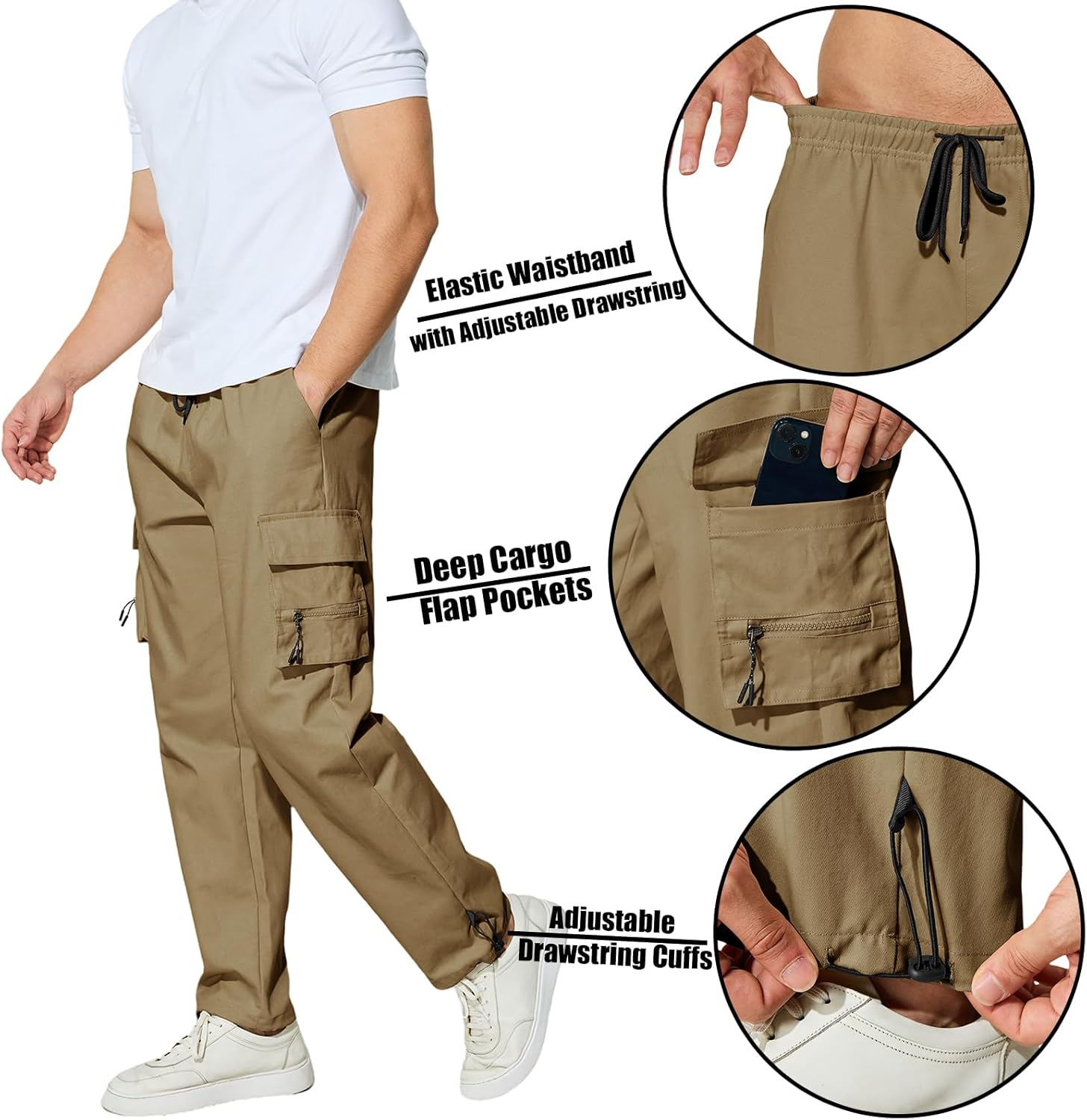 Men's Cargo Pants with Pockets Cotton Outdoor Elastic Waist Hiking Pants Casual Baggy Jogger Sweatpants - Image 6