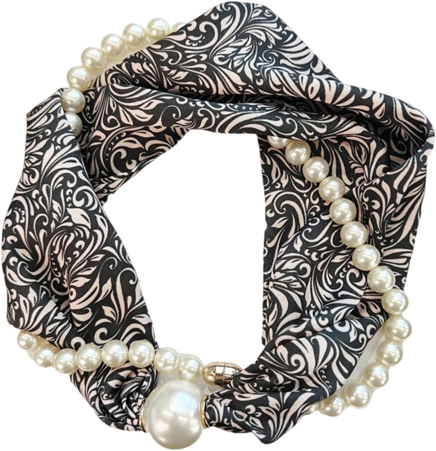 Magnetic Clasp Pearls Chain Necklace Floral Satins Scarf Elegant Silk Skinny Narrow Neckerchief for Fashionable Women