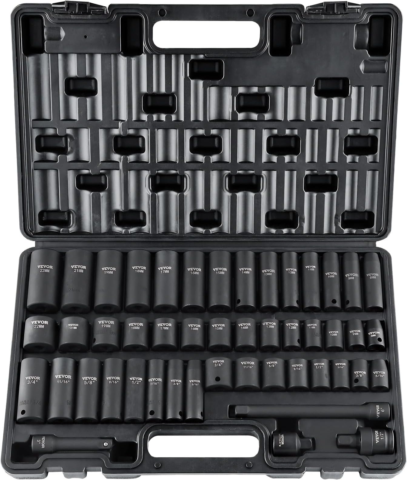 VEVOR 3/8" Drive Impact Socket Set, 48 Piece Socket Set SAE （5/16" -3/4"） & Metric （8-22mm） 6 Point Cr-V Drive Extension Bar Universal Joint & Power Drill Adapter Includes Storage Case