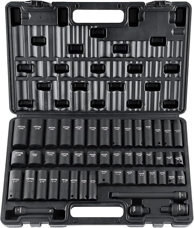 VEVOR Juego de Vasos de Impacto 3/8" 48 Piezas Juego de Vasos de Impacto 6 Puntos CR-V Aleación de Acero HRC 42-48 con Accesorios y Estuche para Reparación Automática oferta Amazon