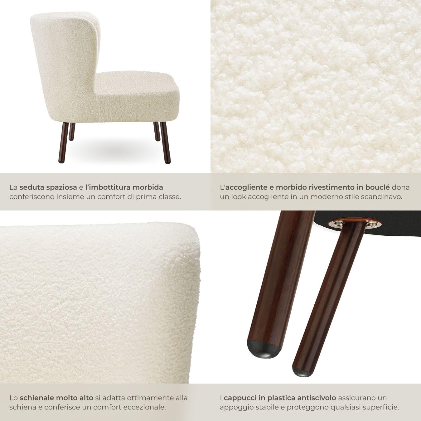 tectake®, Poltrona scandinava da cocktail, poltrona relax di design, moderna e comoda, poltrone salotto, poltroncina da camera, Poltroncina salotto da lettura - Bouclé Bianco Avorio
