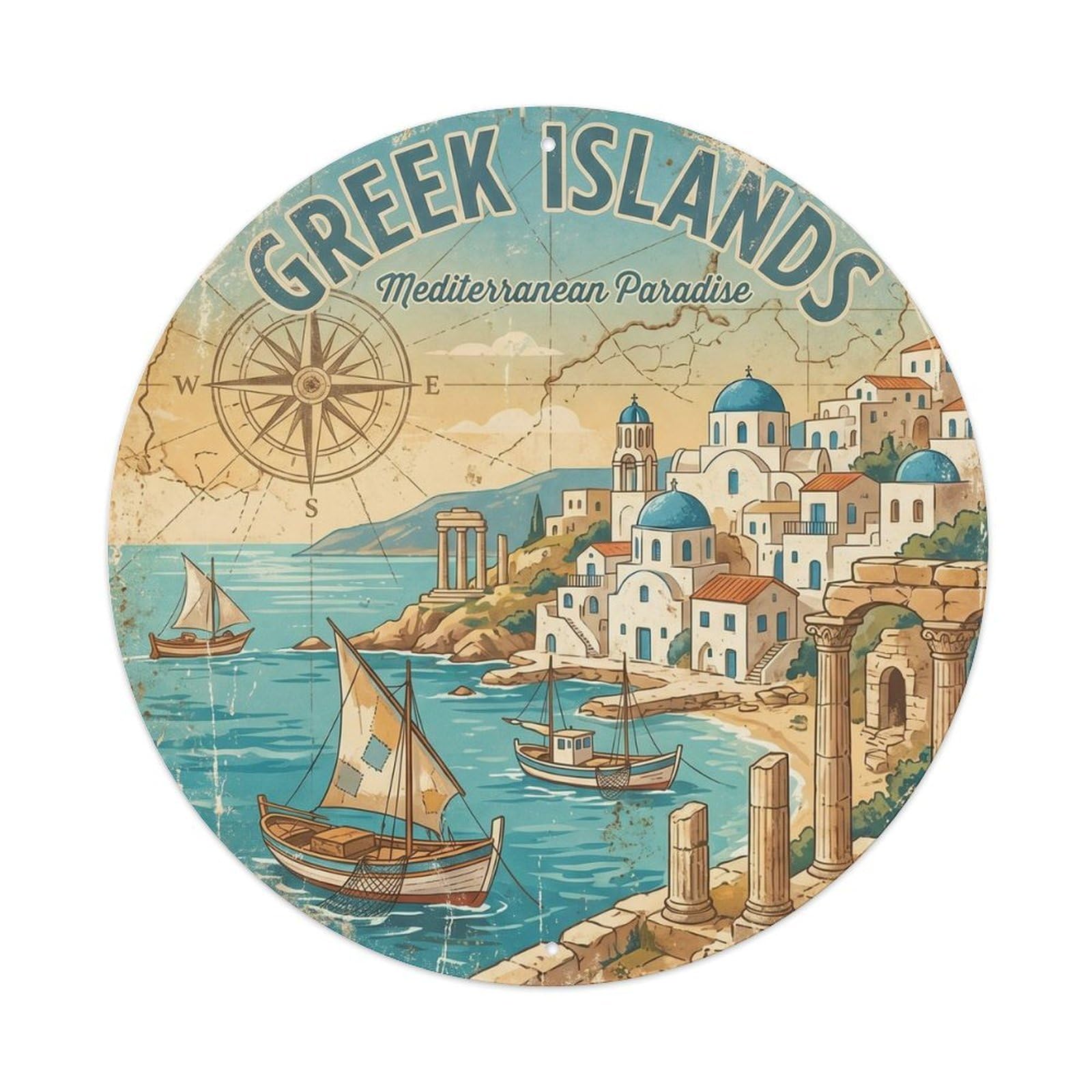 Classic Greek Mediterranean City Islands Scenic Landmark Metal Tin Sign Plaque Wall Decor for Cafe, Man Cave, Club Bar, Office, Home Garden Round Metal Poster 8x8Inch