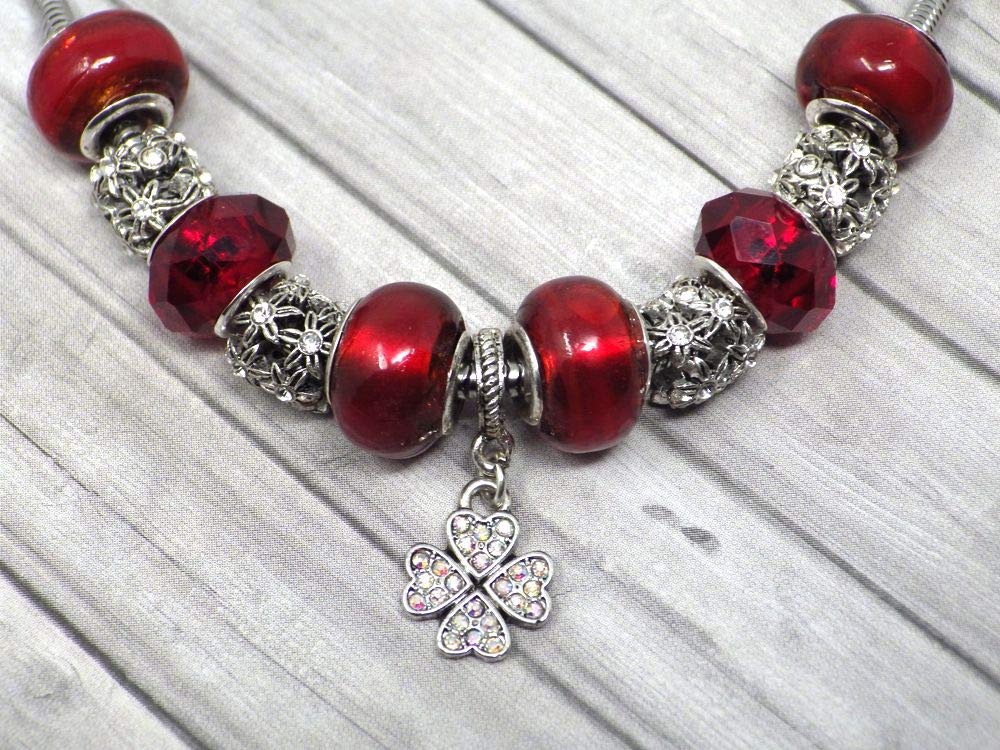 Damen Schmuckset aus Edelstahl mit Charms Halskette Armband und Kristall Kleeblatt Anhänger