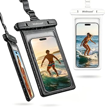 wellhouse Waterproof Cell Phone Pouch, iPhone 15 14 13 12 Pro Max XS Samsung, IPX8 3D Cell Phone Dry Bag Beach Essentials Black+White, 2 Pack 8 Inch