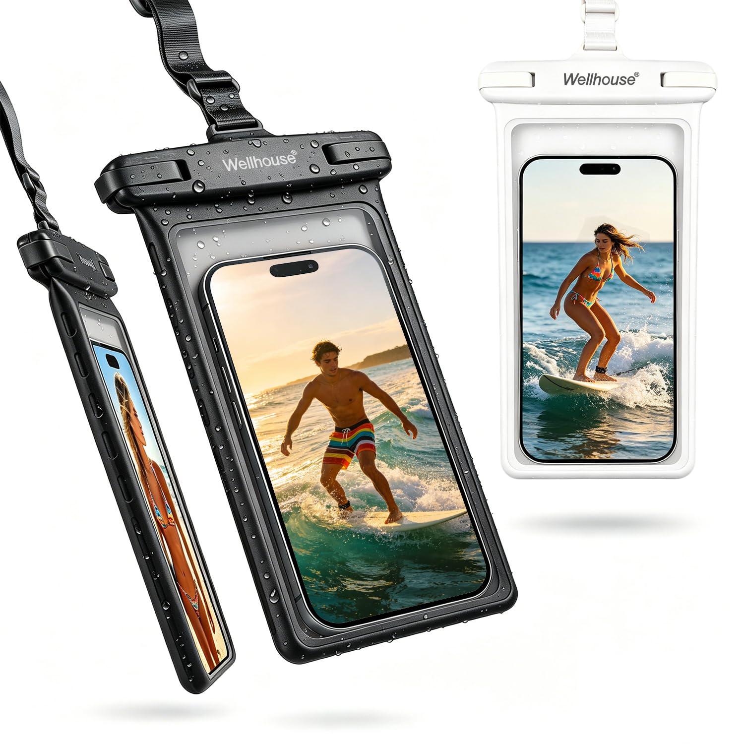 wellhouse Waterproof Phone Pouch, Waterproof Phone Case for iPhone 17 16 15 14 13 Pro Max XS Samsung, IPX8 3D Cellphone Dry Bag Beach Essentials (2 Pack - Black &amp; White8.0, 8 inch)