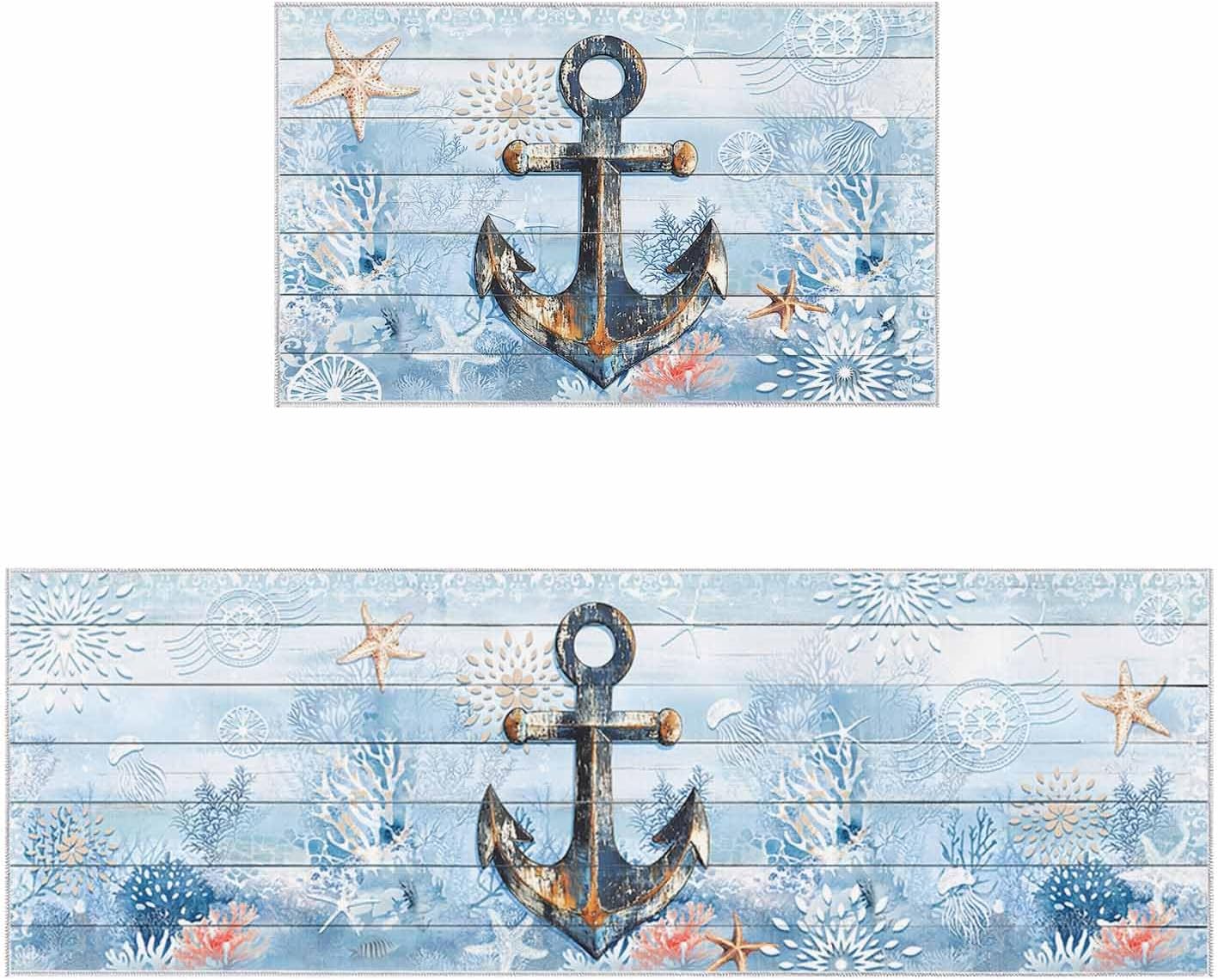 2 Pieces Kitchen Rugs and Mats,Nautical Shabby Anchor Starfish Coral Area Runner Rug Set Non Slip Floor Doormat Washable Carpet Standing Mat for Kitchen Sink Indoor Corridor,Ocean Blue Wooden Stamp