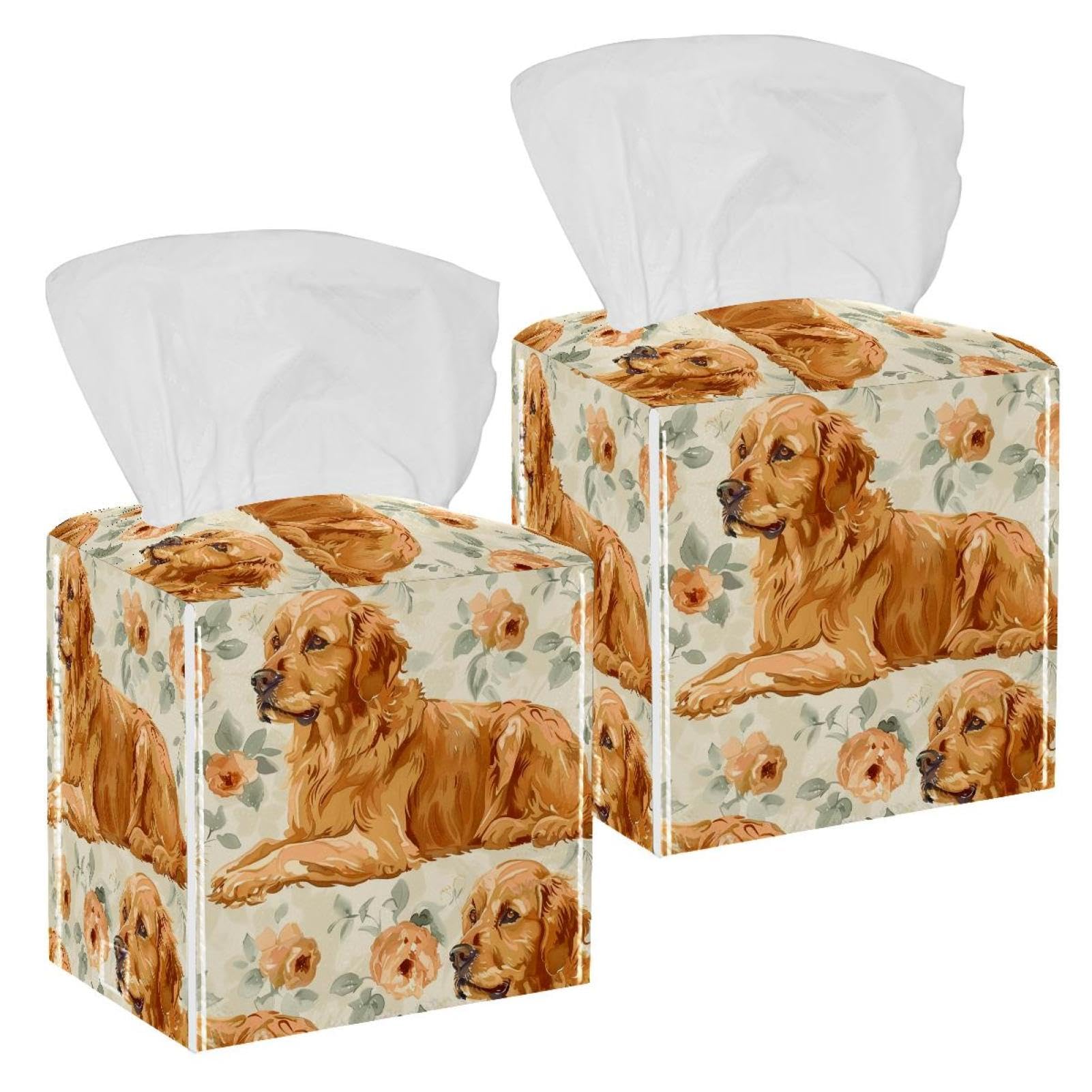 Flowers Golden Retriever Tissue Box Cover, 2 Pack PU Leather Square Facial Tissue Dispenser Box holder for Home Office Car
