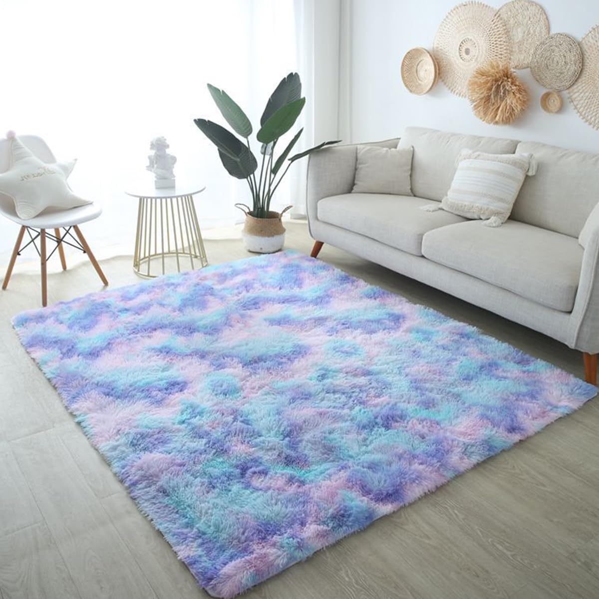 Tapis de salon 160x200 cm bleu dégradé à poils longs pour la chambre