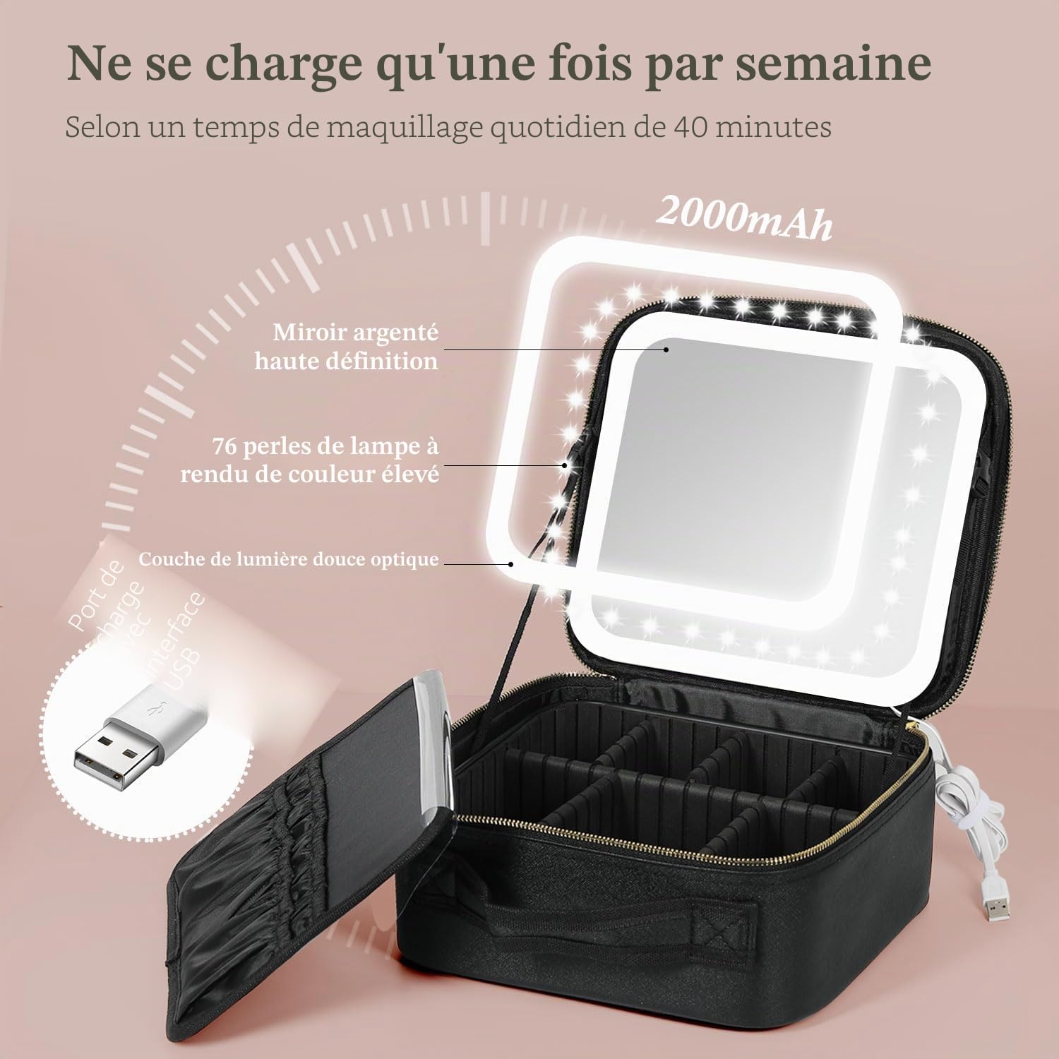 Behaesty Trousse de Maquillage de Voyage avec Miroir éclairé à Del, Trousse de Maquillage avec 3 réglages de Couleur, étui de Maquillage avec séparateurs réglables pour pinceaux de Maquillage pour