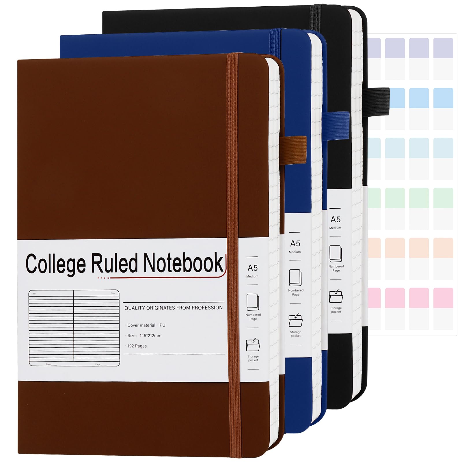 CronElysia A5 Lined Journal Notebooks for Work, 192 Pages, Medium 5.7 x 8.3inch, College Ruled, Vegan Leather Hardcover Journals for Women Men,3 Pack,Black-Brown-Navy Blue