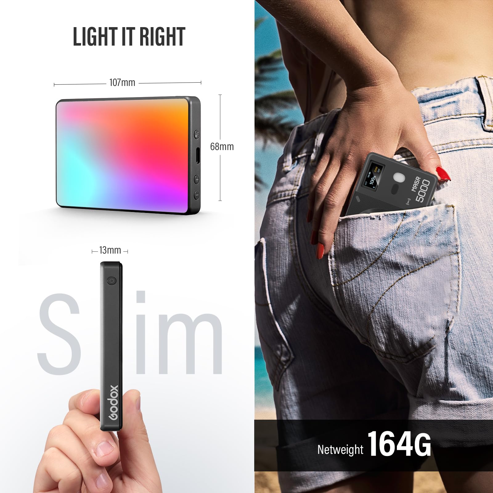 GODOX MA5R Magnetic Full Colour RGB Video Light Light 1800K-10000K 14 Pre-Programmed Effects LED Light Photo for Selfie DSLR Camera (nero)