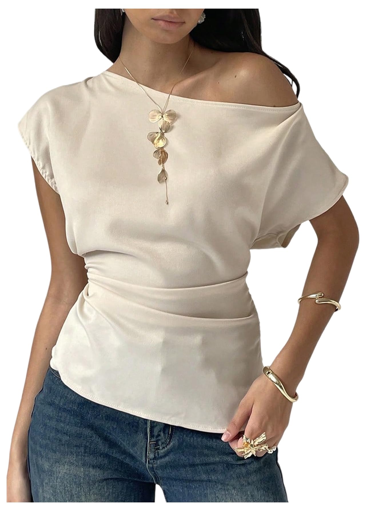 Floerns Women's Elegant Off The Shoulder Shirts Ruched Short Sleeve Dressy Casual Blouses