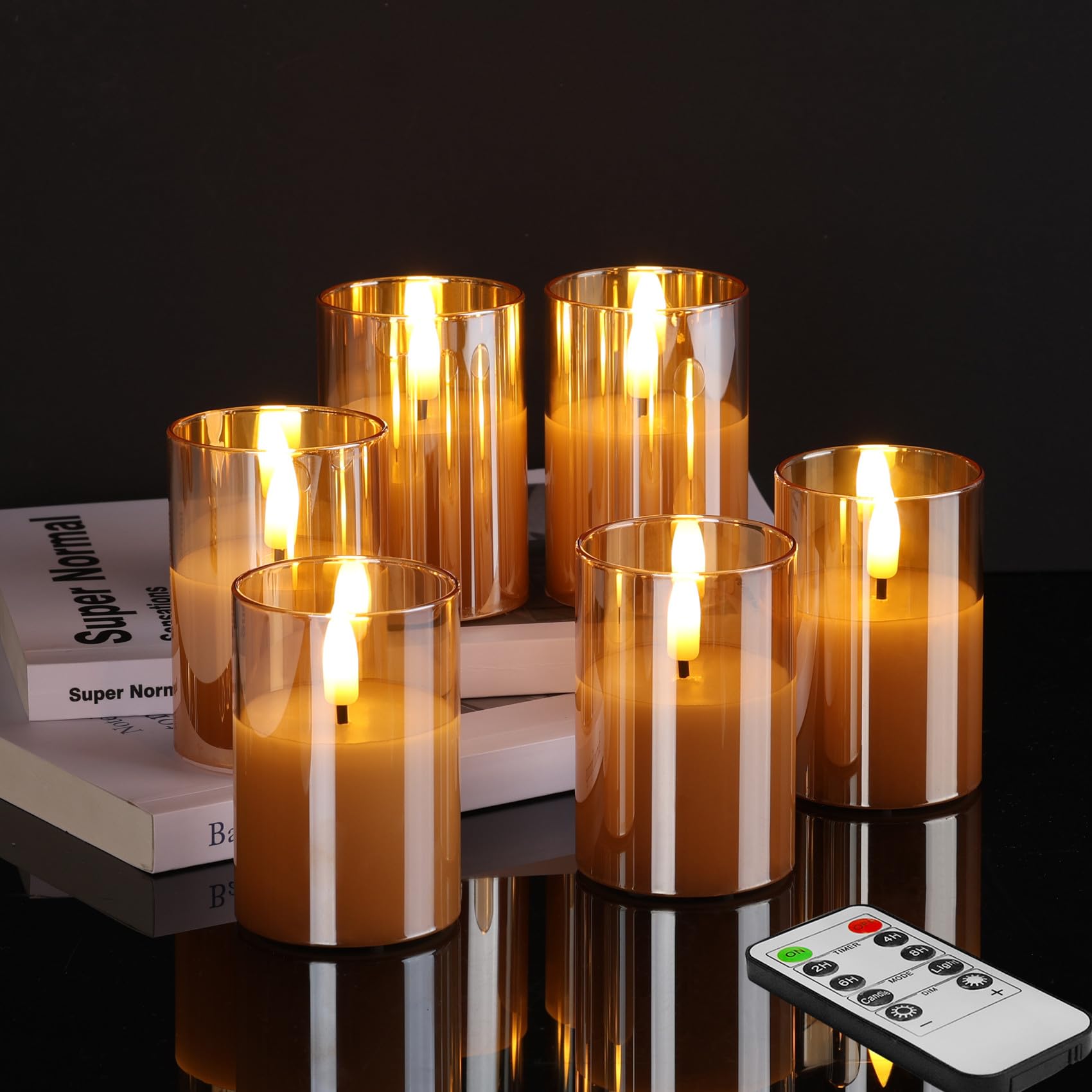 Gold Glass Flameless Votive Candles with Remote Timer, Real Wax Flickering Small LED Pillar Candles Set of 6