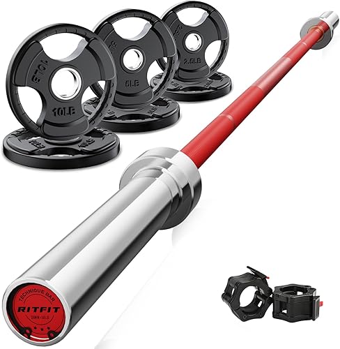 Miniatura 44 de RitFit Barbell Weight Set - 4/6FT Olympic Barbell with Weight Plates (55-115LB Total) - Weightlifting Equipment for Squats, Curls, Deadlifts,