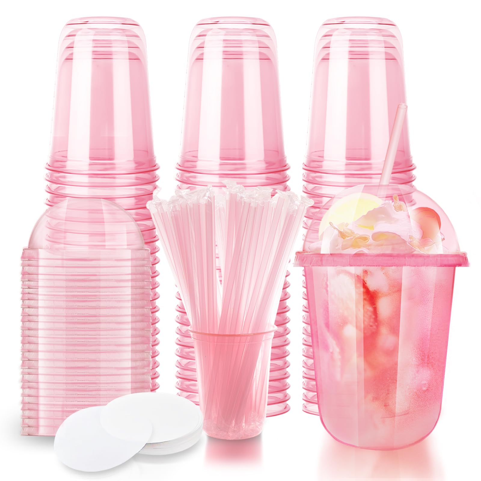 Photo 1 of 16oz Disposable Stemless Glasses With Dome Lids and Straws,PET Disposable Drinking Cups,Clear Plastic Wine Glasses for Parties Birthday,Wedding,Meeting,Christmas Party Supplies (50, Pink)