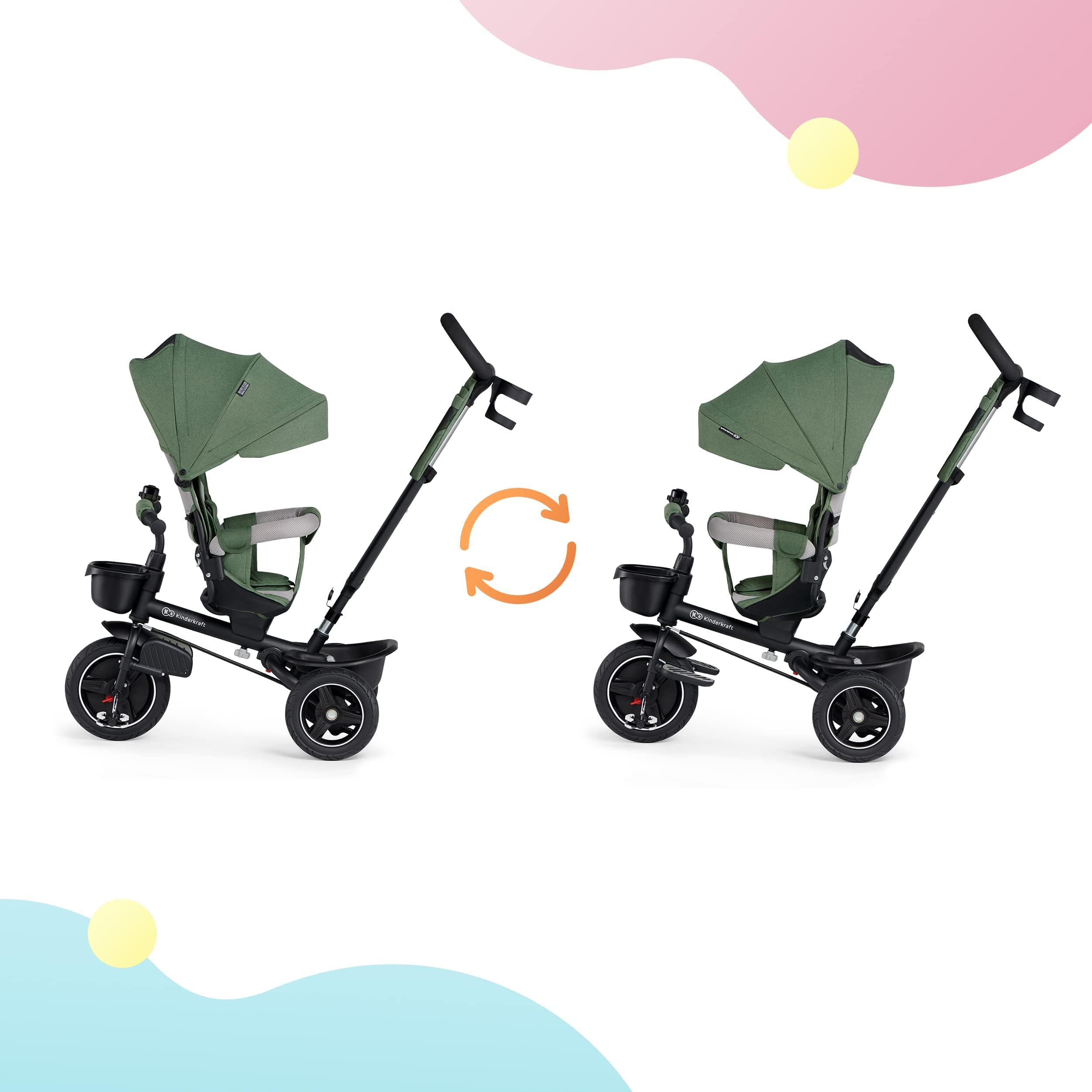 Kinderkraft SPINSTEP Triciclo Evolutivo Bebé 5 en 1 de 9 Meses a 5 Años, Bicicleta para niños, Plegable y reclinable, Capota Impermeable con Filtro UPF 50+, Asiento Giratorio 360 Grados, Verde