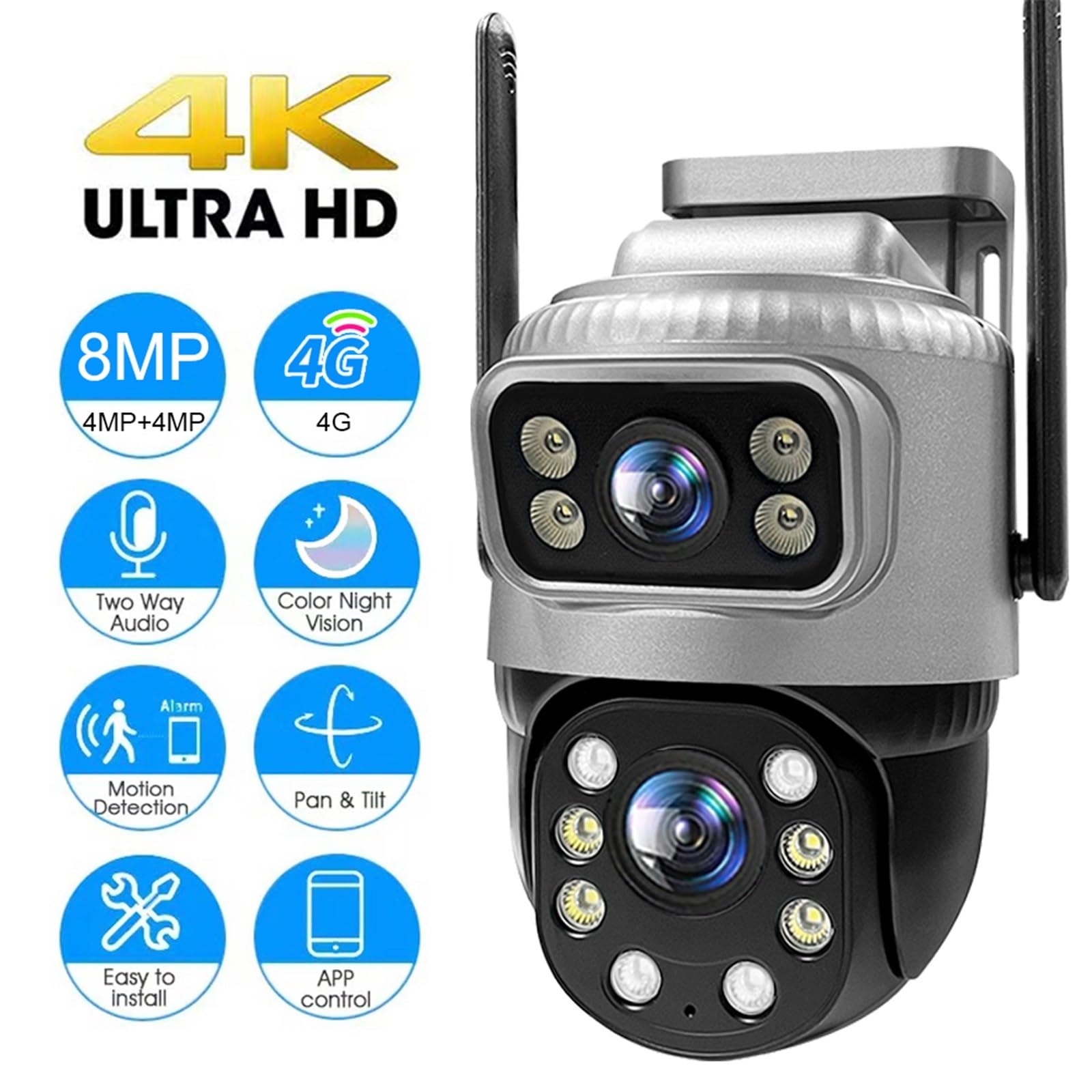 Kamera IP 4G z podwójnym obiektywem, 4 MP, 4K, wodoodporna, do monitoringu zewnętrznego, inteligentny dom, noktowizor, ochrona CCTV na magazyn handlowy(WIFI Cam 64G Card)