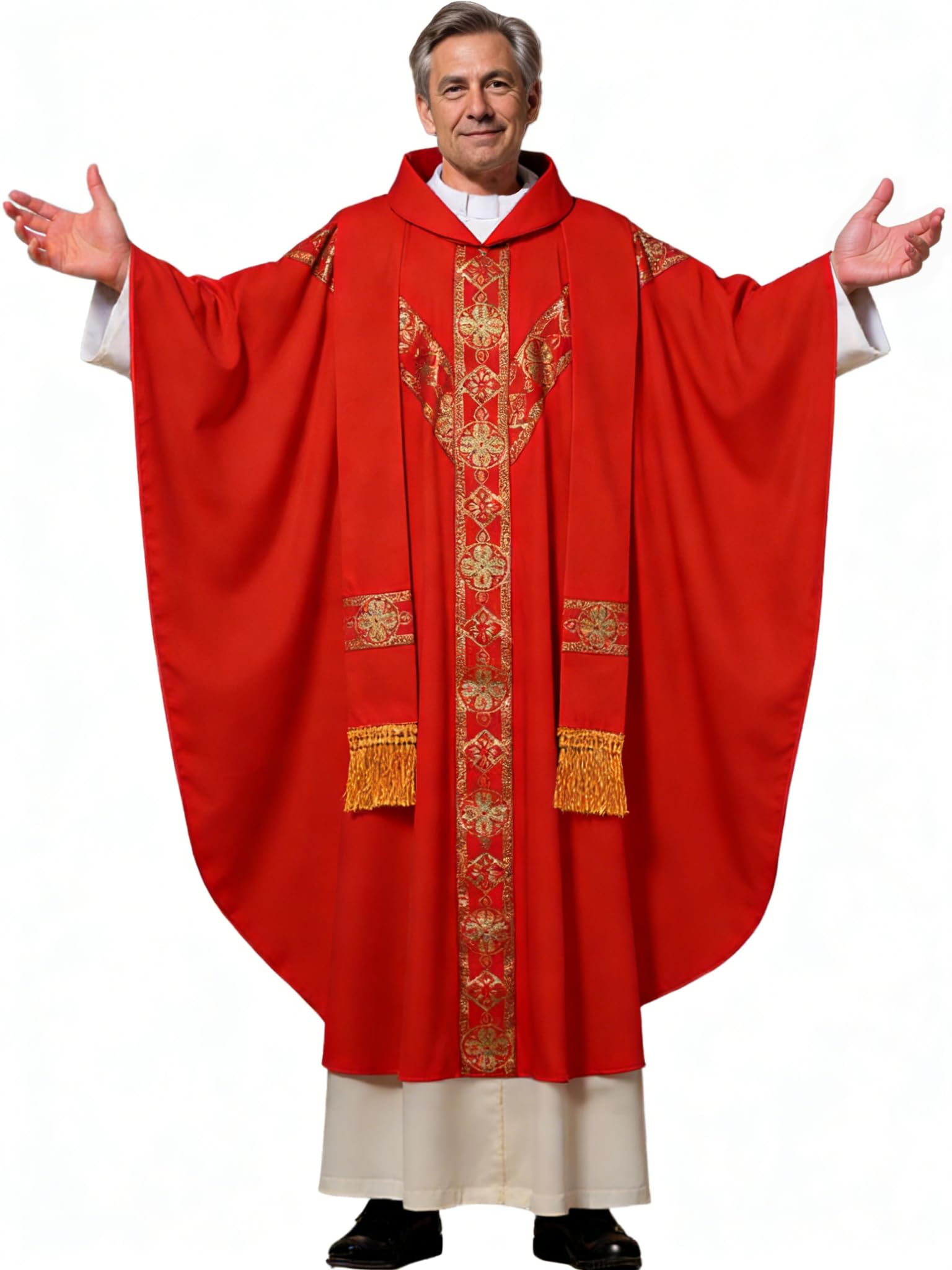 FAD-4U Church Catholic Priest Chasubles Vestments for Church Mass Vestments Robe with Stole, Red&gold, 130cm 144cm