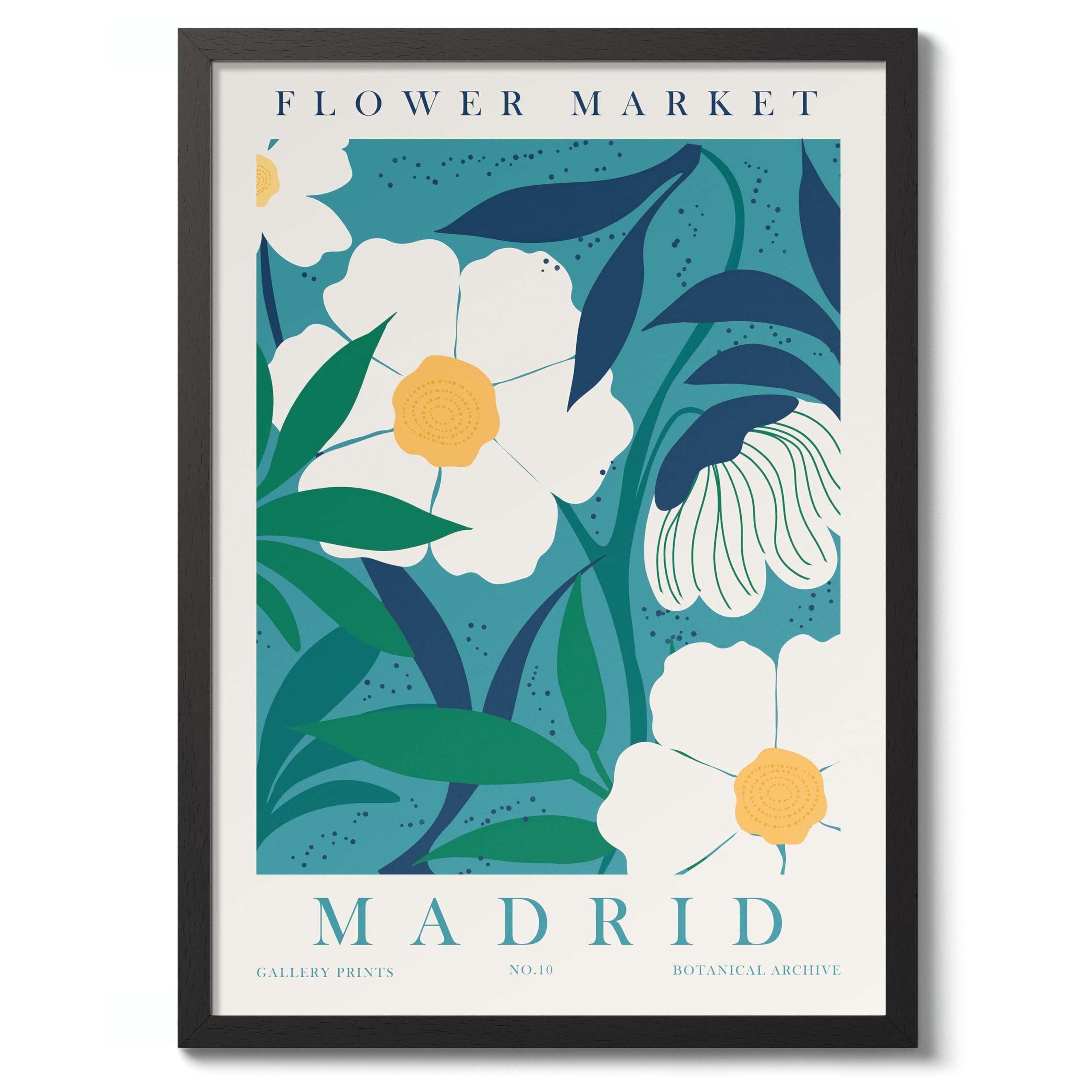 Madrid Flower Market Flower Market Poster Floral Wall Decor Print Abstract Colourful Minimalist Travel Bedroom Art, Archival Matte, A4 (Black Frame) - 29.7x21cm