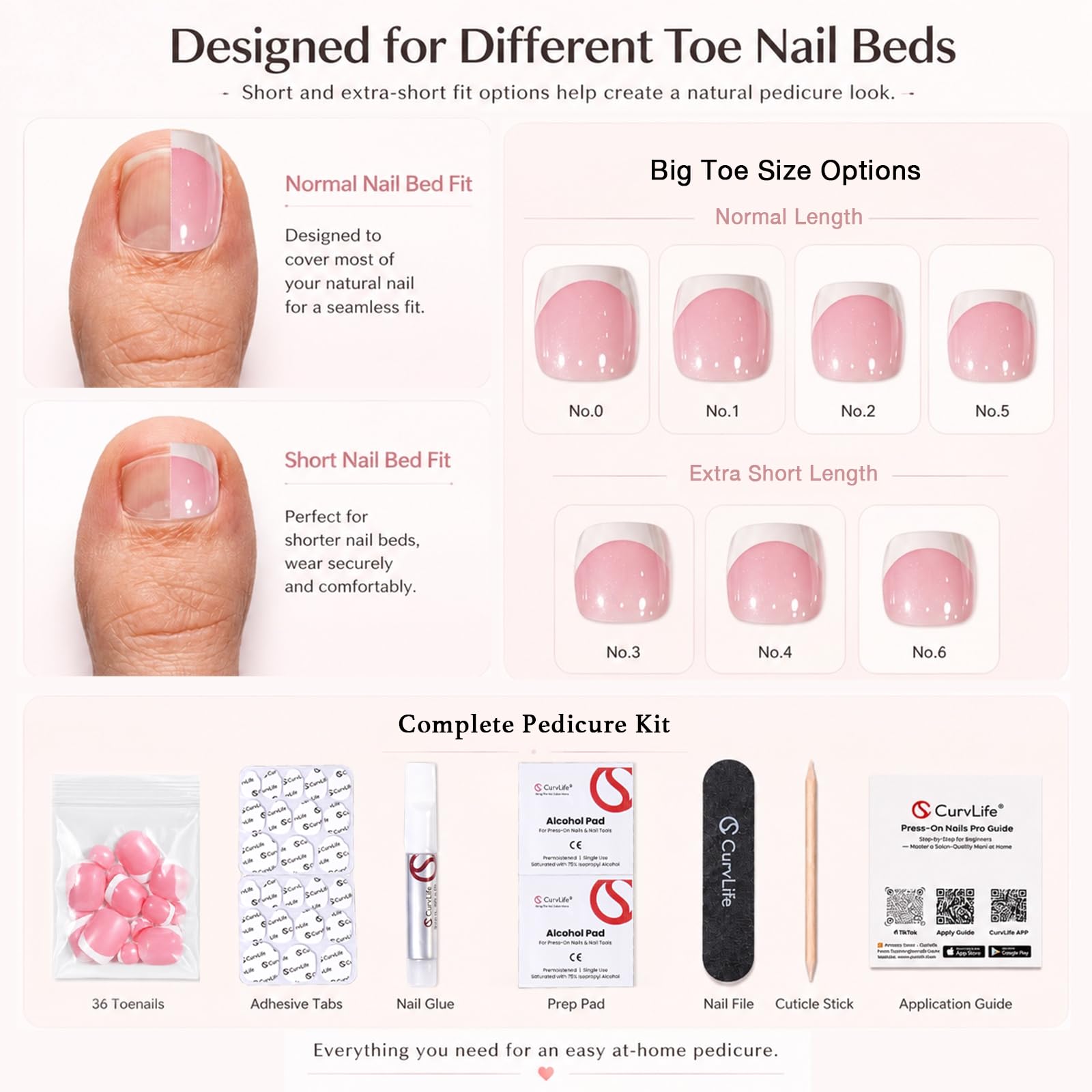 CurvLife Press on Toenails - Glänzende weiche Gel-Zehennägel mit Klebelaschen, natürliche Passform, wiederverwendbar, Salon-Qualität, künstliche Zehennägel für Frauen (Luna Blush)