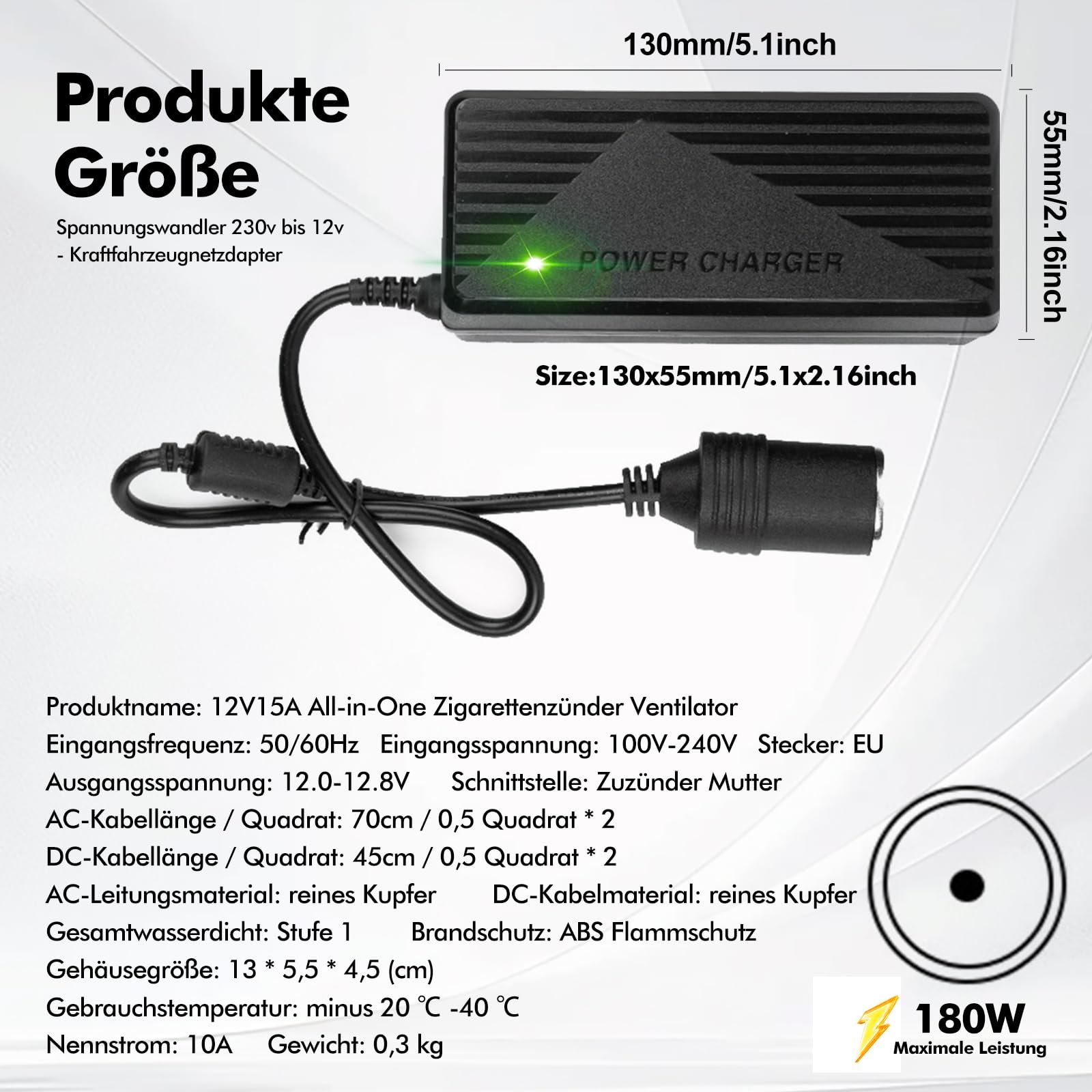 Convertisseur de Tension 230V vers 12V – Adaptateur Secteur 180W 15A avec Prise Allume-Cigare, Transformateur AC vers DC pour Aspirateur Voiture, Compresseur, Mini Frigo, Accessoires Auto