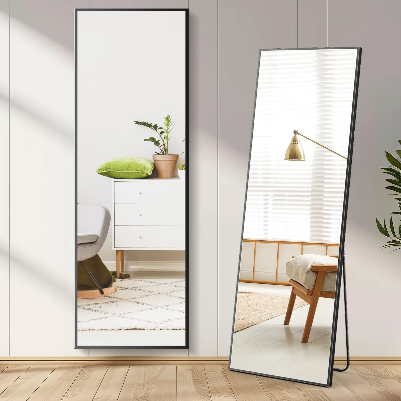 DUMOS Full Length Mirror 59"x17" Full Body Floor Mirror for Bedroom or Cloakroom, Can Stand Alone, Hang or Lean Against Wall, Tall Wall Mirror with Stand and Sleek Aluminum Alloy Thin Frame