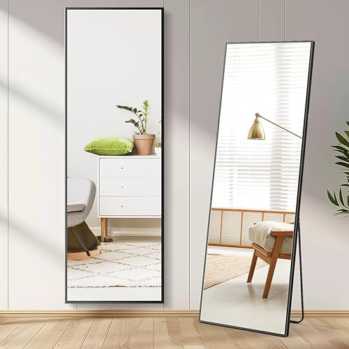 DUMOS Full Length Mirror 59"x16" Full Body Floor Mirror for Bedroom or Cloakroom, Can Stand Alone, Hang or Lean Against Wall, Tall Wall Mirror with Stand and Sleek Aluminum Alloy Thin Frame - Black - 59.1"L x 15.8"W