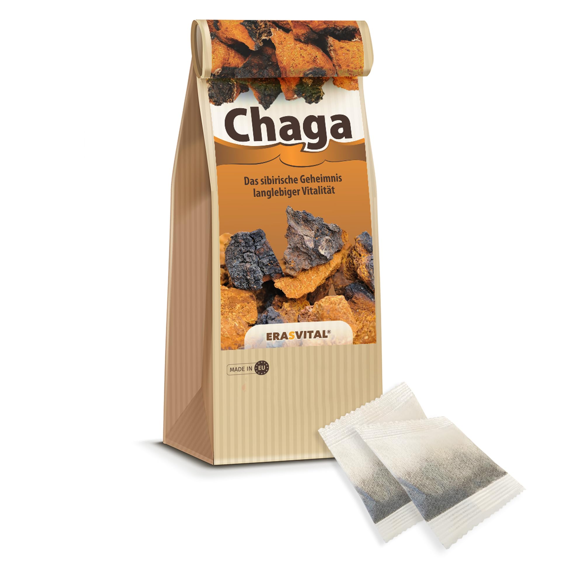 Chaga Champiñones en porciones en 120 bolsas de 1 g cada una, recolectadas silvestres, secado suave, vegano, calidad de comercio especializado, folleto con muchas recetas
