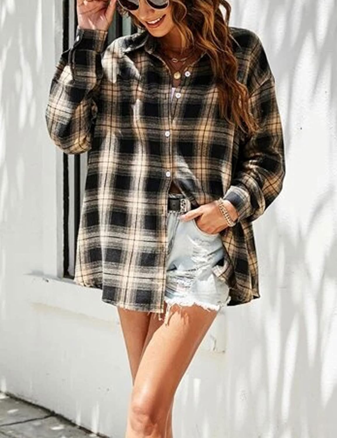 HangNiFang Flannel Plaid Shirts for Women Oversized Button Down Shirts Blouse - Image 3
