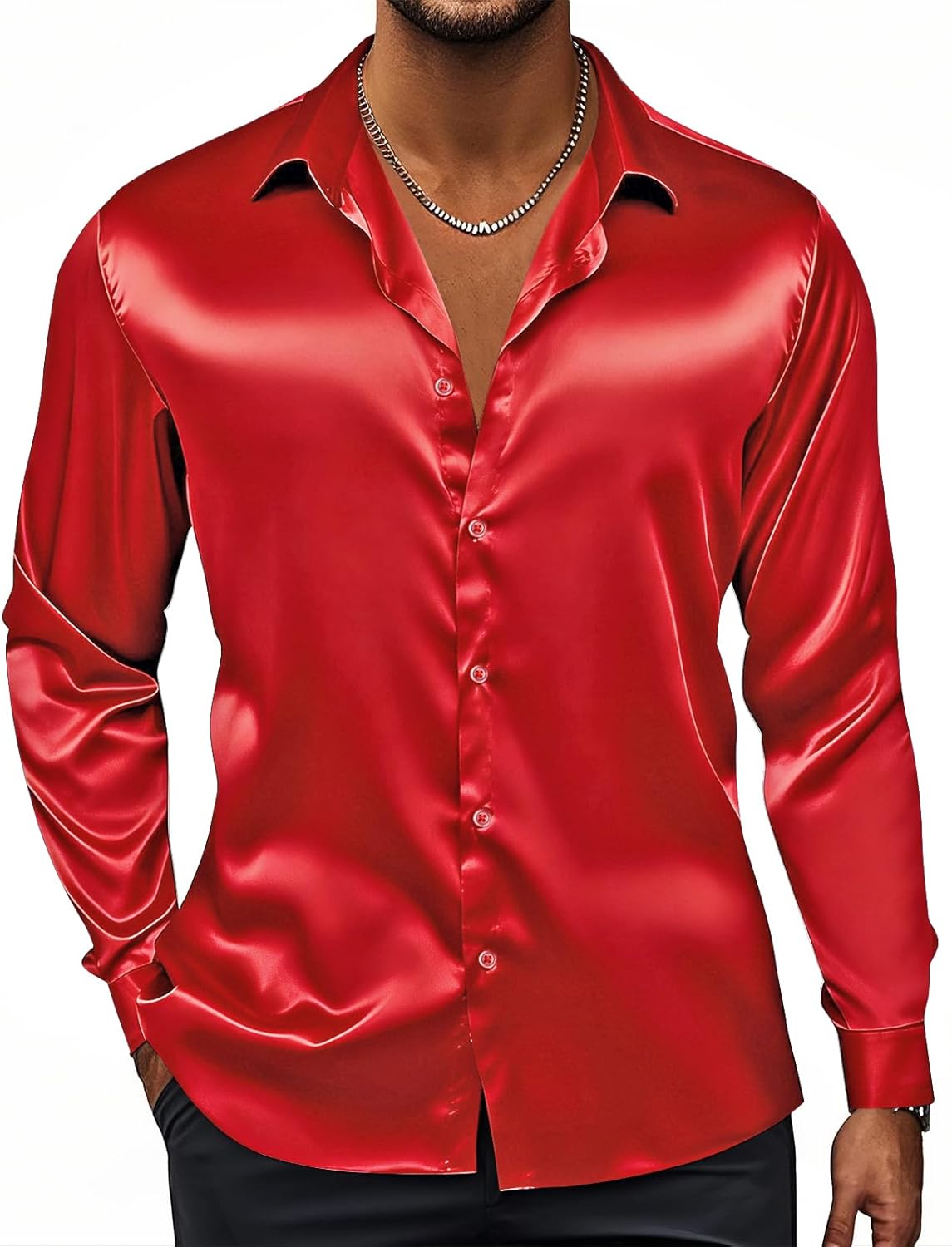 Hi-Tie Men's Silk Satin Dress Shirts Long Sleeve Shiny Casual Button Up Shirts Luxury Party Disco Prom Wedding Shirt