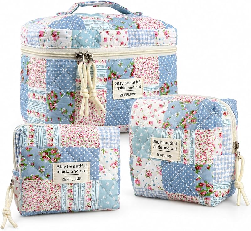 Conjunto ZERFLUMP com 3 necessaires de maquiagem acolchoadas florais, 64-GridRose