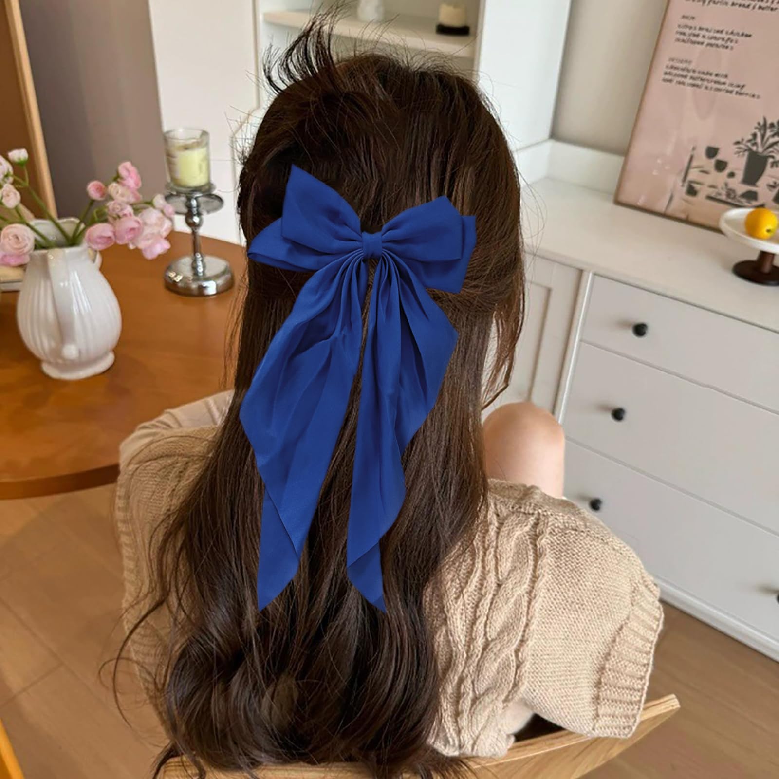 Hair Bows for Women Royal Blue Clips Large Satin Ribbon Bow Accessories Silk Big Hairs Bow for Girls Cute Christmas Long Hair Bows for Girls Hair Clip (blue) - Image 3