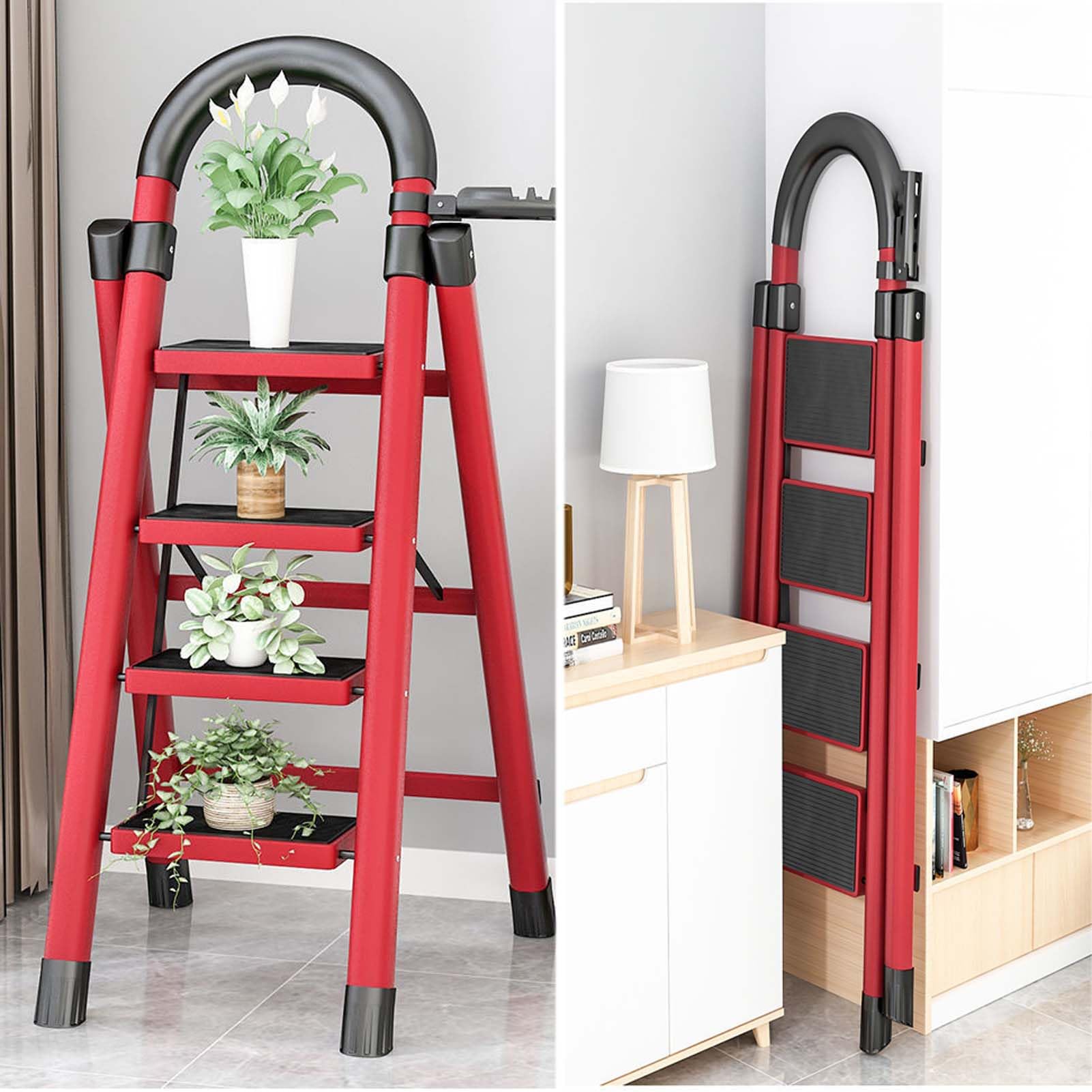 YSUEFIJO Escalera Plegable de 4/5/6 Peldaños con Barandilla, Escalera Multifuncional de Aluminio, Escalera Plegable con Superfice Antideslizante, Soporta hasta 150 kg, para Hogar, Cocina, Oficina