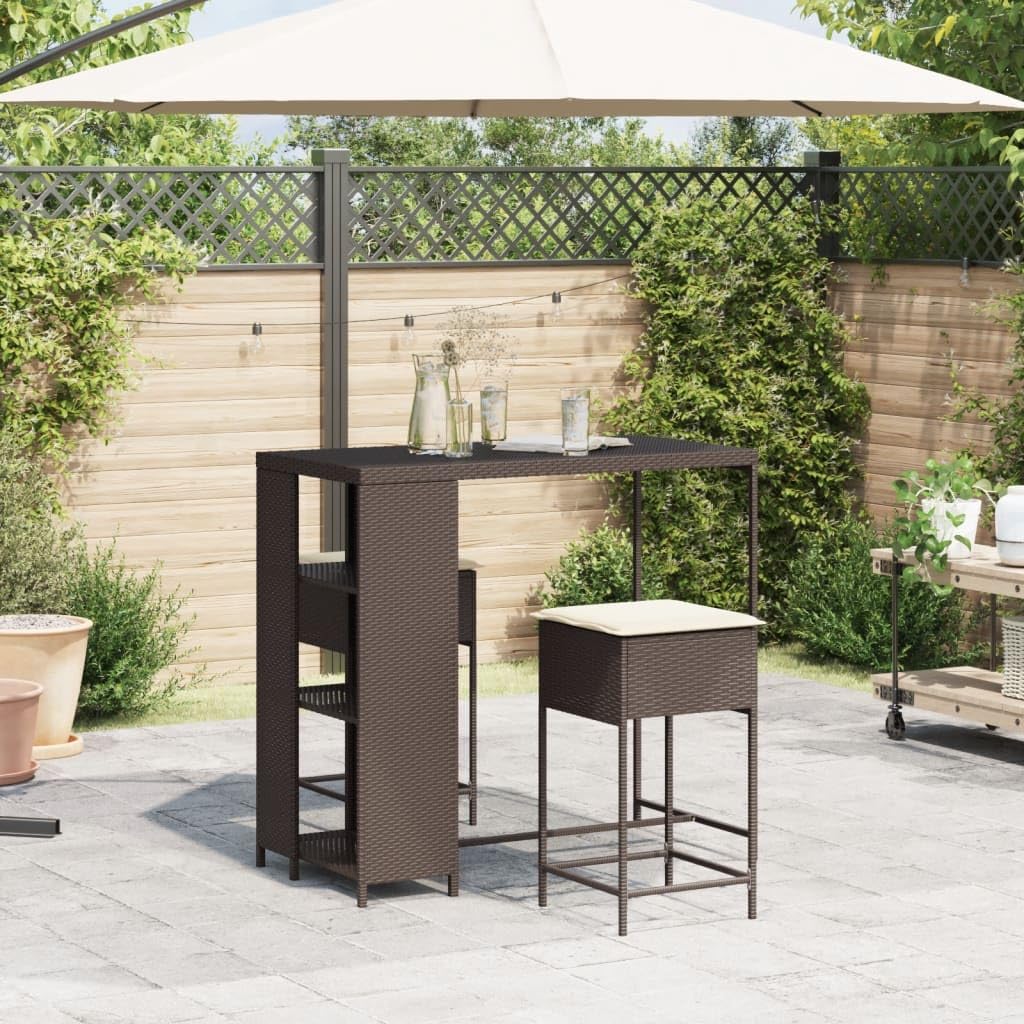 vidaXL Juego de Bar de jardín de 3 Piezas con Cojines ratán PE marrón, Mesa Alta y taburetes de Exterior, Juego de Bar, Juego de Muebles