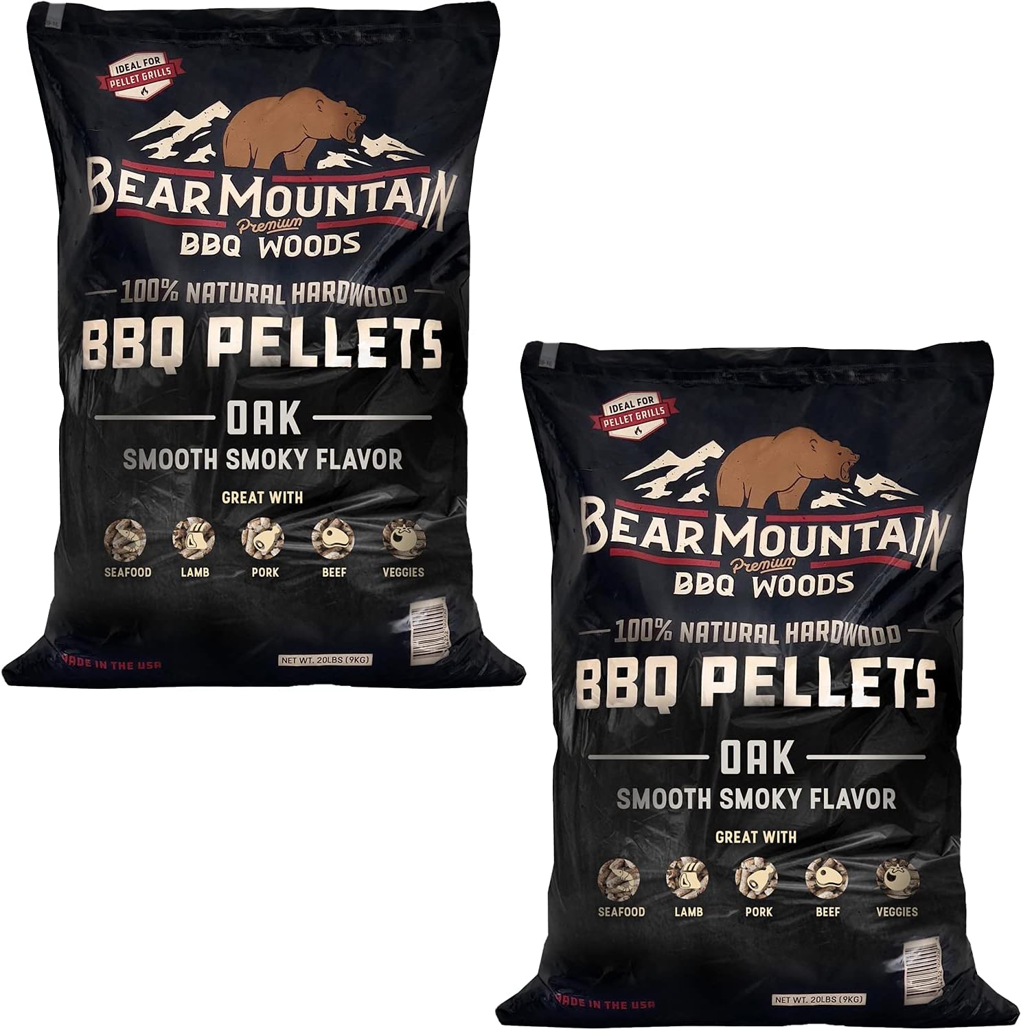 Bear Mountain Premium BBQ WoodsAll Natural Hardwood Red and White Oak Chip Pellets for Outdoor Gas, Charcoal, and Electric Grills, 20 Pounds (2 Pack)