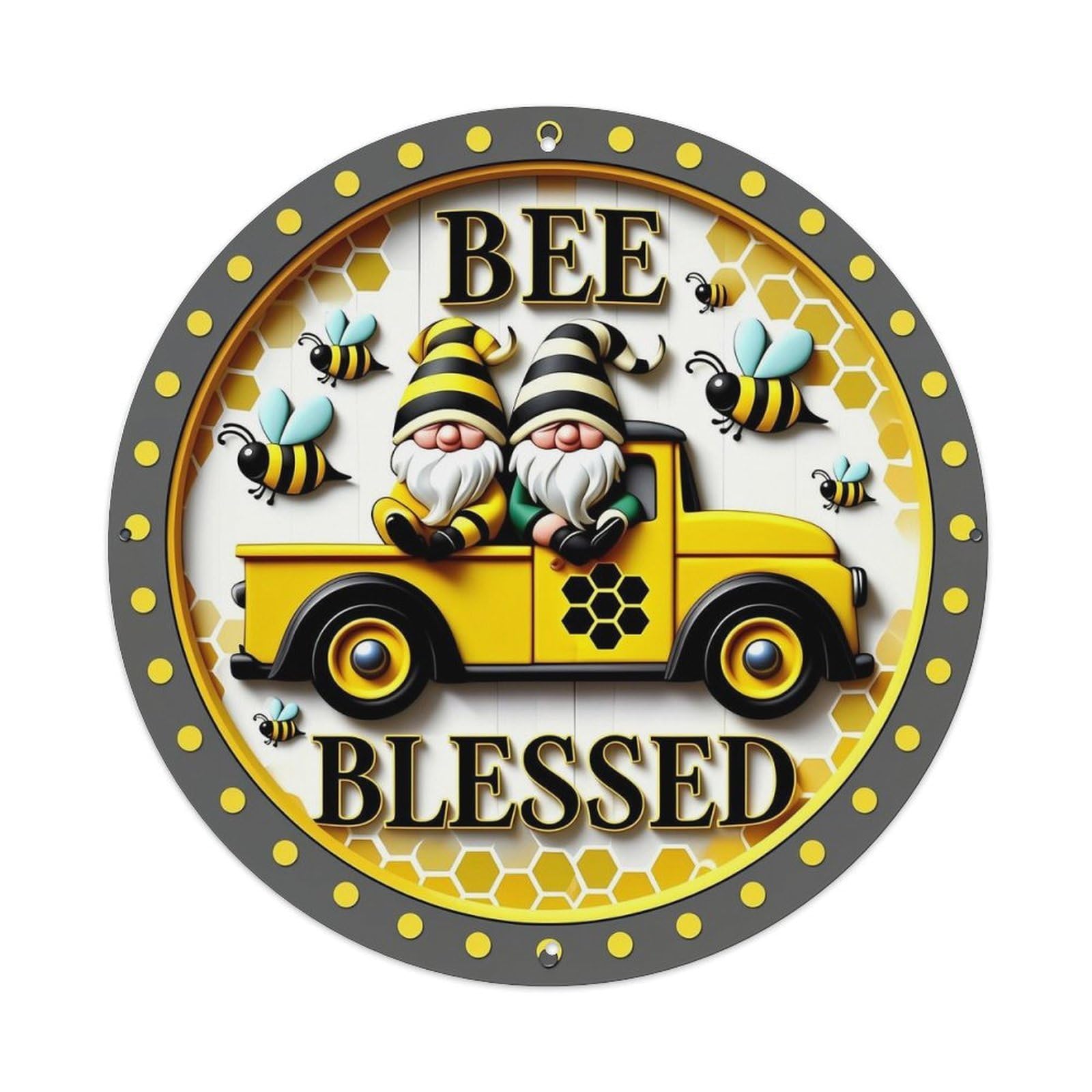 Bee Gnomes Truck Honeycomb Bees Vintage Round Tin Sign Retro Metal Wall Decor Metal Poster, Home Bar Garage Cafe Wall Art Decoration 8x8Inches