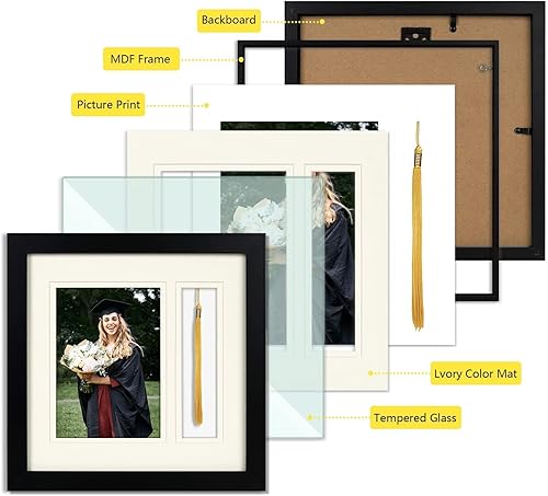 Miniatura 3 de Golden State Art Marco negro de caja de sombra de 10 x 10 pulgadas, foto de 5 x 7 pulgadas, borla, tapete doble (marfil sobre marfil) - cuadrado -