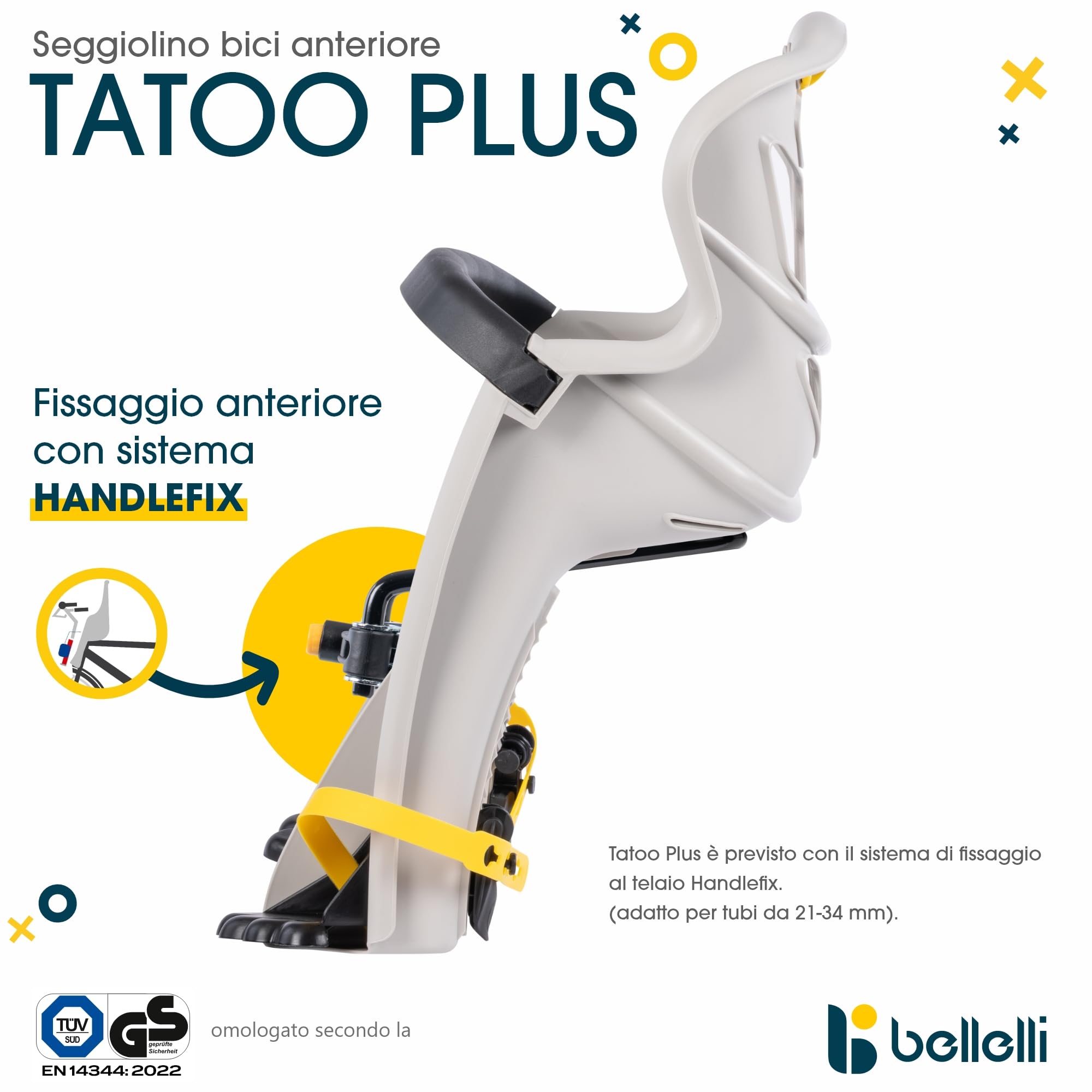 Bellelli | Tatoo Plus - Seggiolino Anteriore per Bicicletta - per Bambini Fino a 15 kg, da 9 Mesi a 3 Anni - Si Fissa al Manubrio - Colore Silk Grey