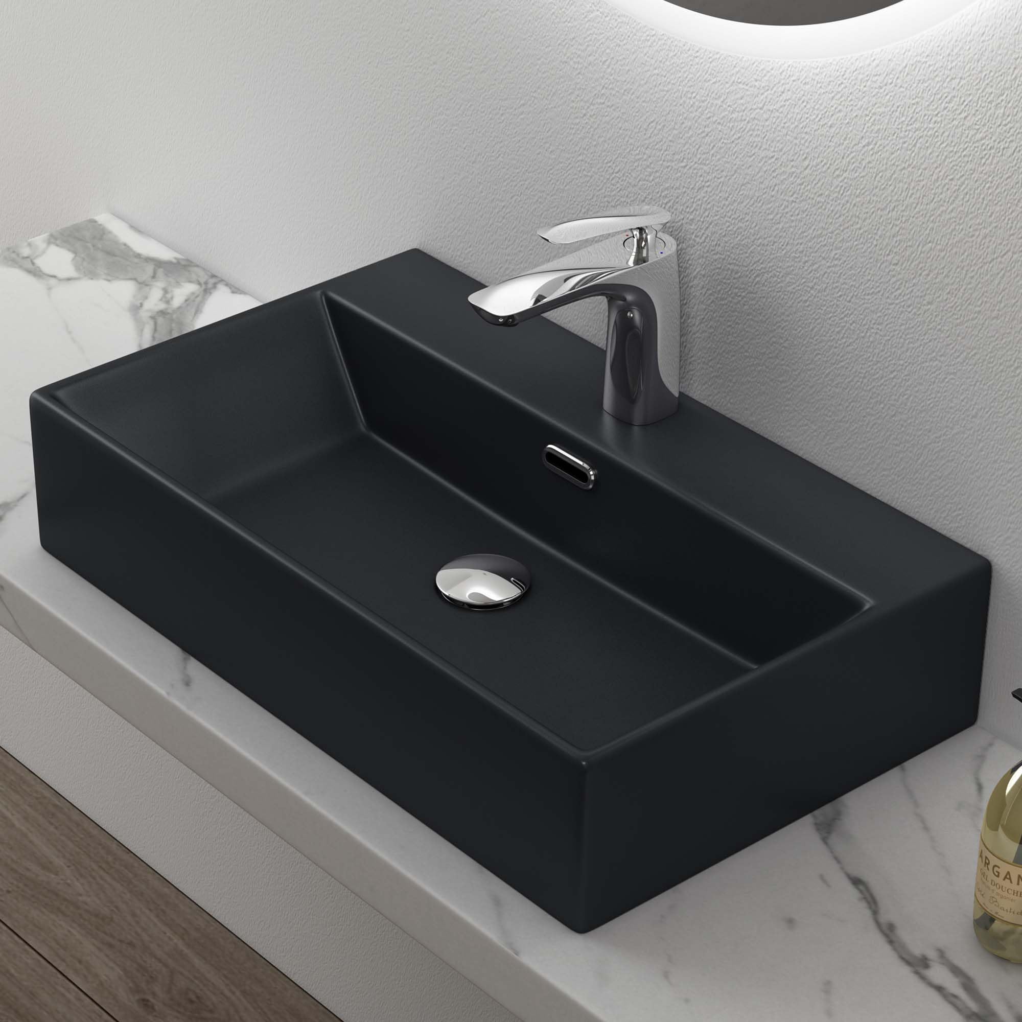 Mai & Mai Bathroom Sink Basin Countertop Wash Basin | Ceramic Rectangular Matt Black Wall-Mounted | Modern Design Bathroom Vessel Sink | WDH：60x36x13 cm | Nano-Coating Brüssel206
