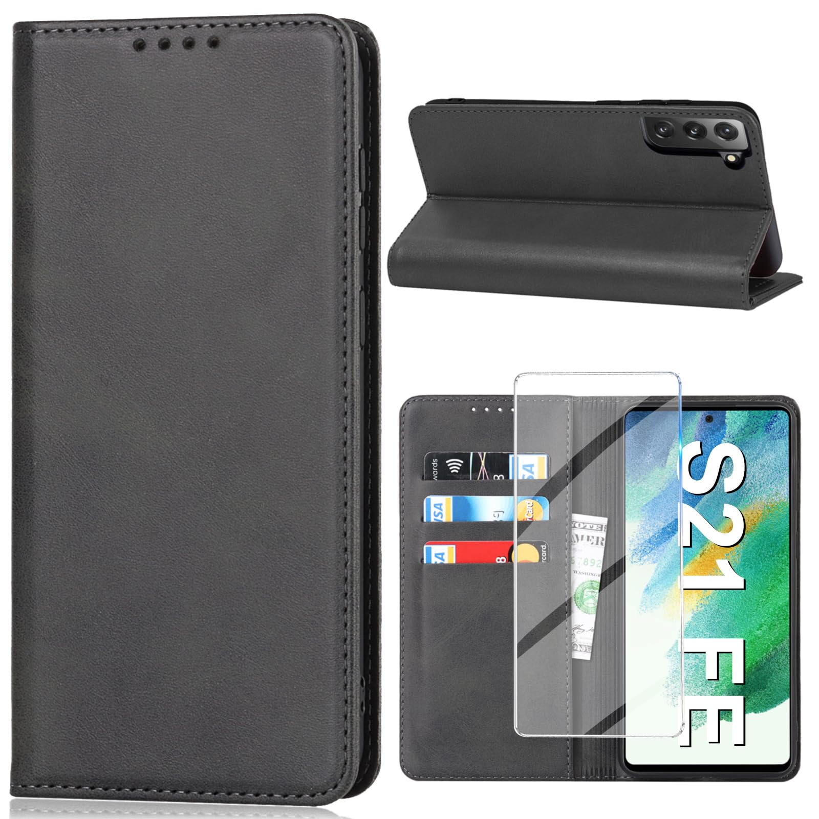 Vaki Handyhülle für Samsung Galaxy S21 FE 5G Hülle mit Panzerglas Schutzfolie, Schutzhülle S21 FE Leder Wallet Kartenfach Standfunktion Stoßfest Klapphülle Galaxy S21 FE 5G Case Cover Schwarz