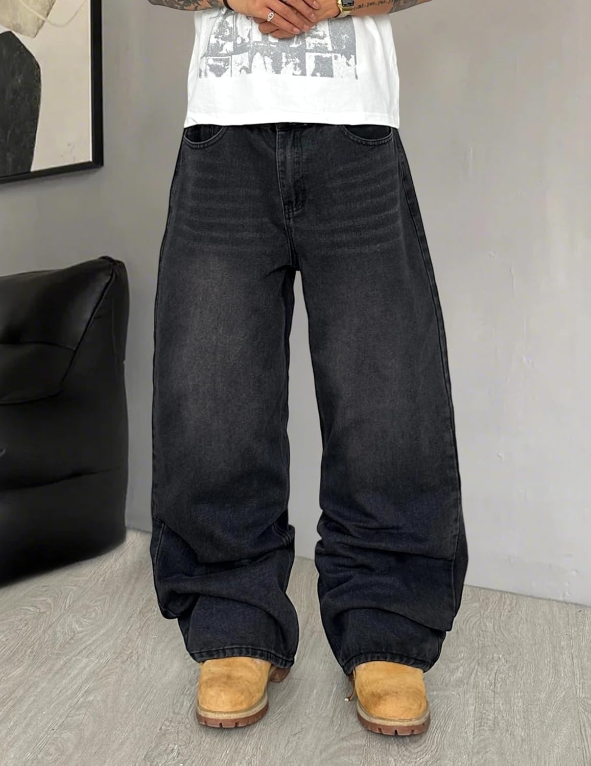 QGRSWBC Mens Wide Leg Jeans Super Baggy Pants Y2k Loose Fit Denim Jeans Skater Trousers Streetwear - Image 6