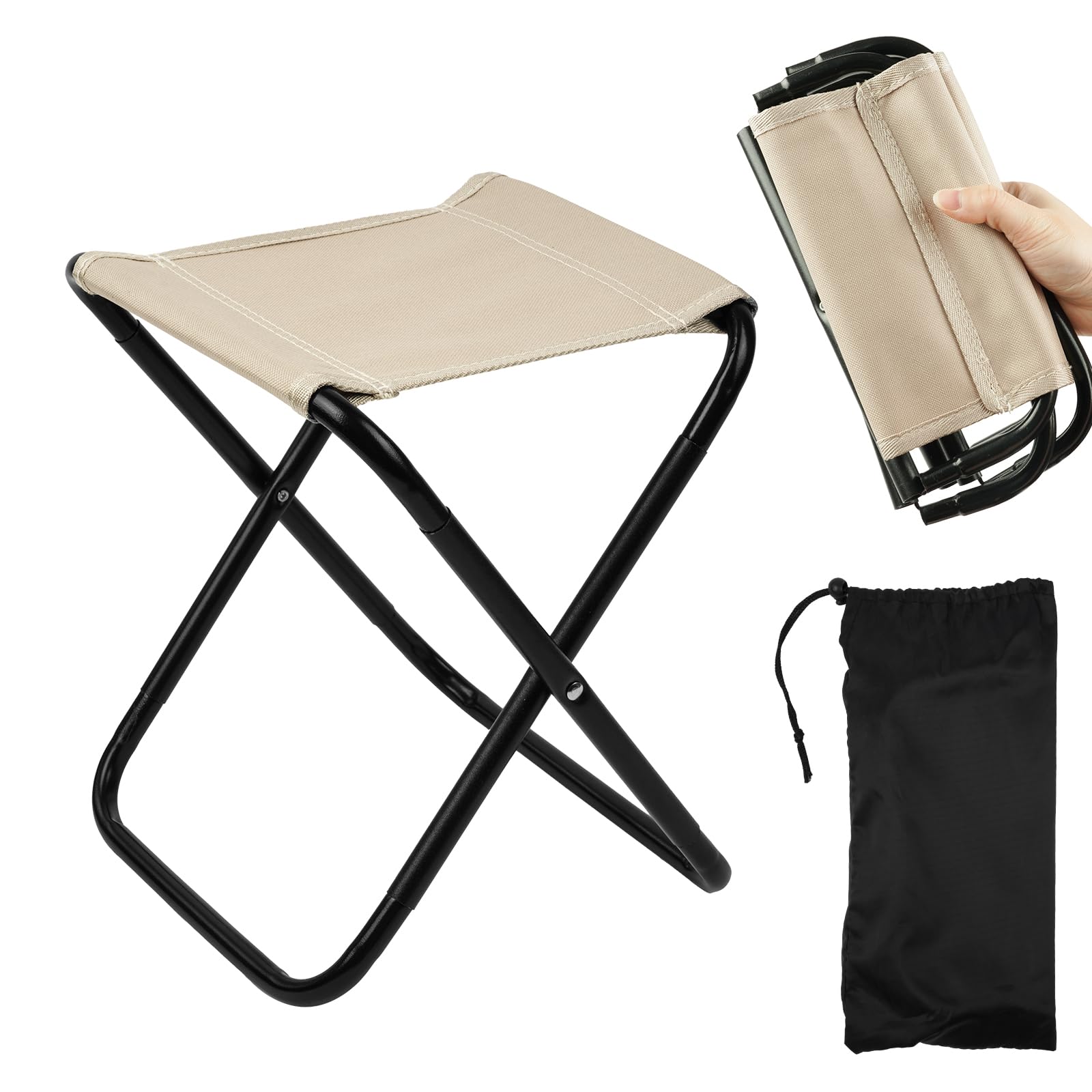 OFFCUP Folding Stool, Mini Outdoor Camping Stool, Portable Small Foldable Lightweight Garden Seat with Storage Bag, Folding Slacker Chairs for Fishing Travelling Picnics (Khaki)