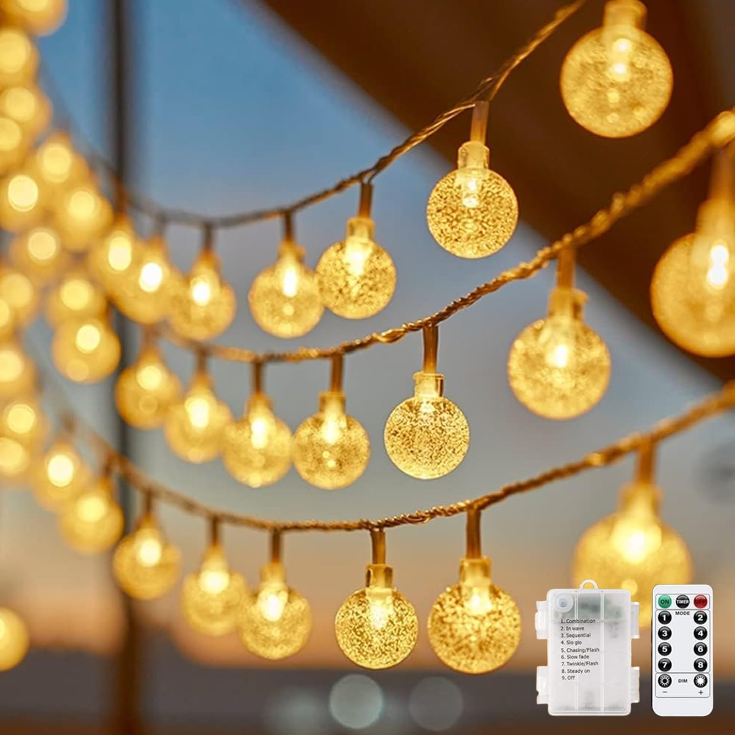 Minetom Crystal Globe String Lights Battery Operated - 33 ft 60 LED Globe Fairy Lights with Remote and 8 Modes, Waterproof for Bedroom Tent Loft