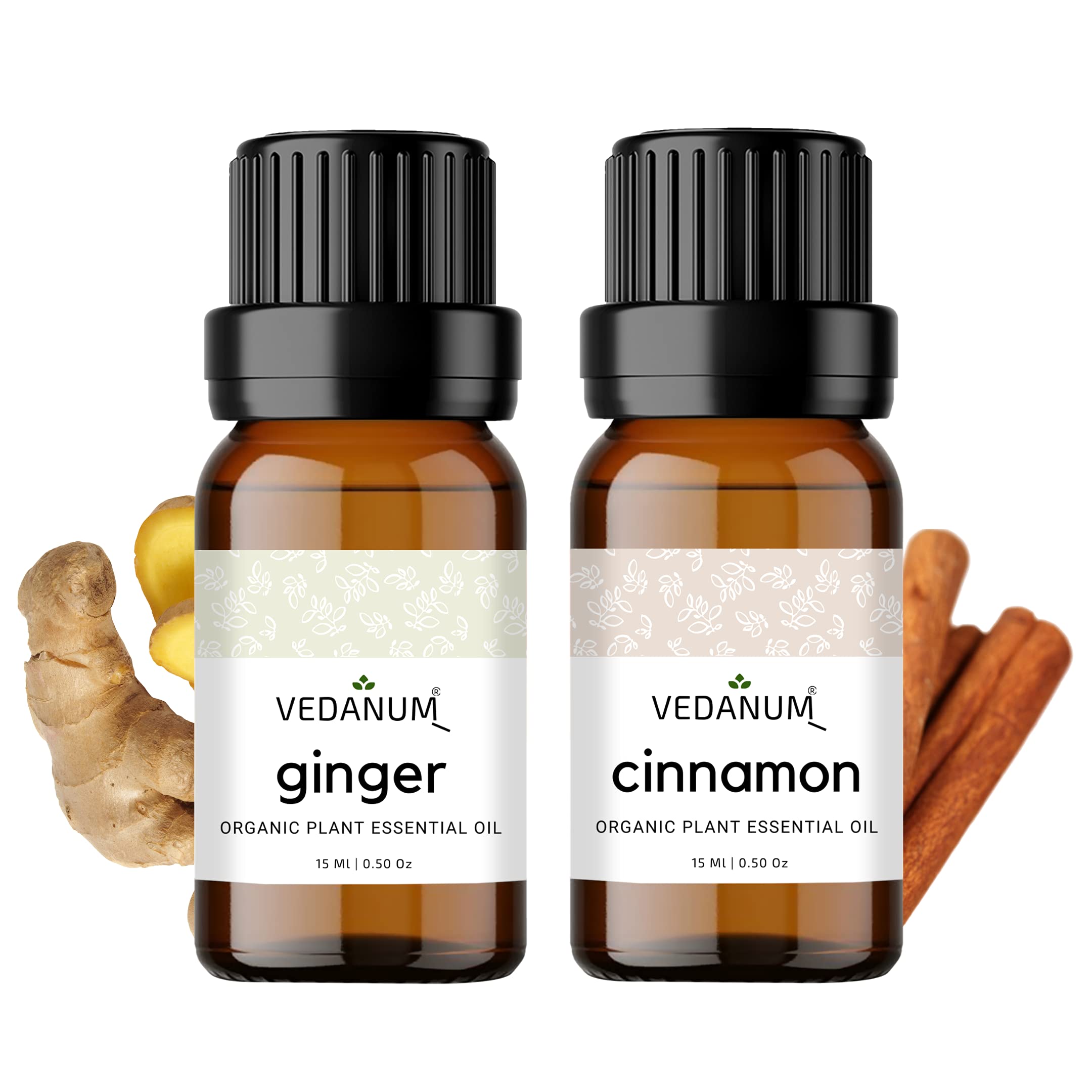 VEDANUM Premium Essential Oil for Aromatherapy, Oil Diffuser, Aroma Burner, Home D�cor Activities - 15 ML Organic Concentrate ||Pack Of 2|| (Cinnamon and Ginger)
