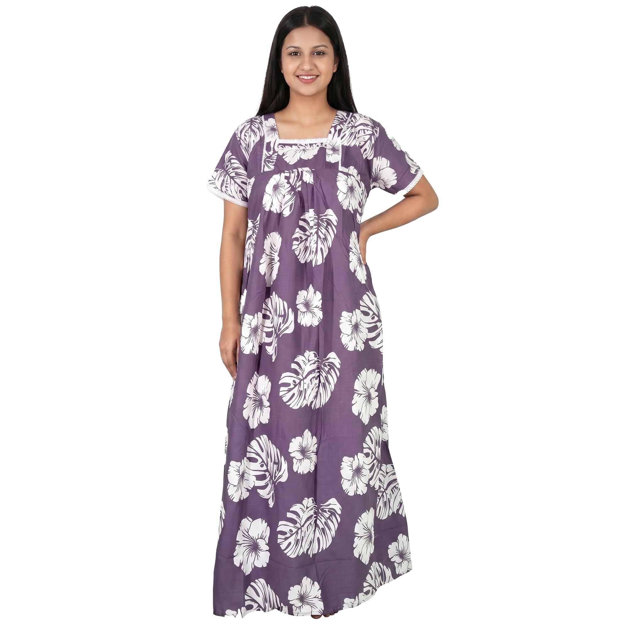 kavz Women's Cotton Plus Size Nighty, Floral Print, Short Sleeve, Maxi Length, Purple, Sizes 2XL - 7XL-picture-38