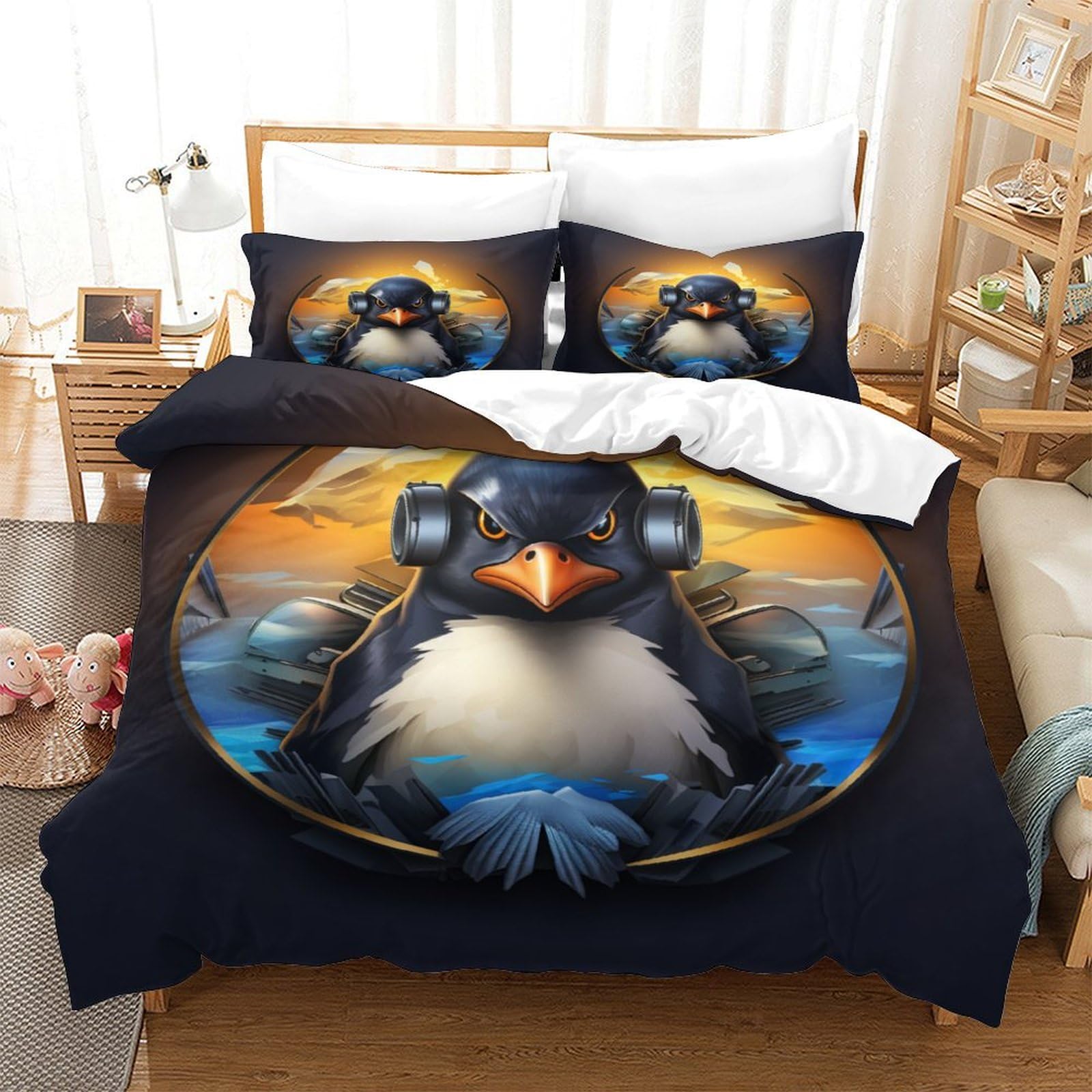 Parure de lit pingouin 140x200 housse de couette microfibre