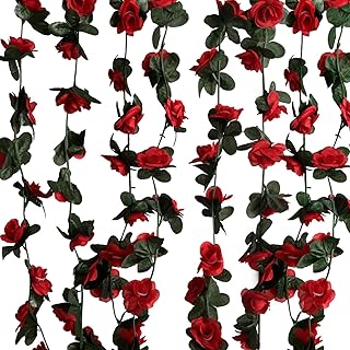 8Pcs 63Ft Red Rose Garland, Fake Flower Vines, Artificial Vine Flowers, Rose Hanging Garland for Party Wedding, Garden, Room Table, Christmas, Backdrop Wall Arch Decor